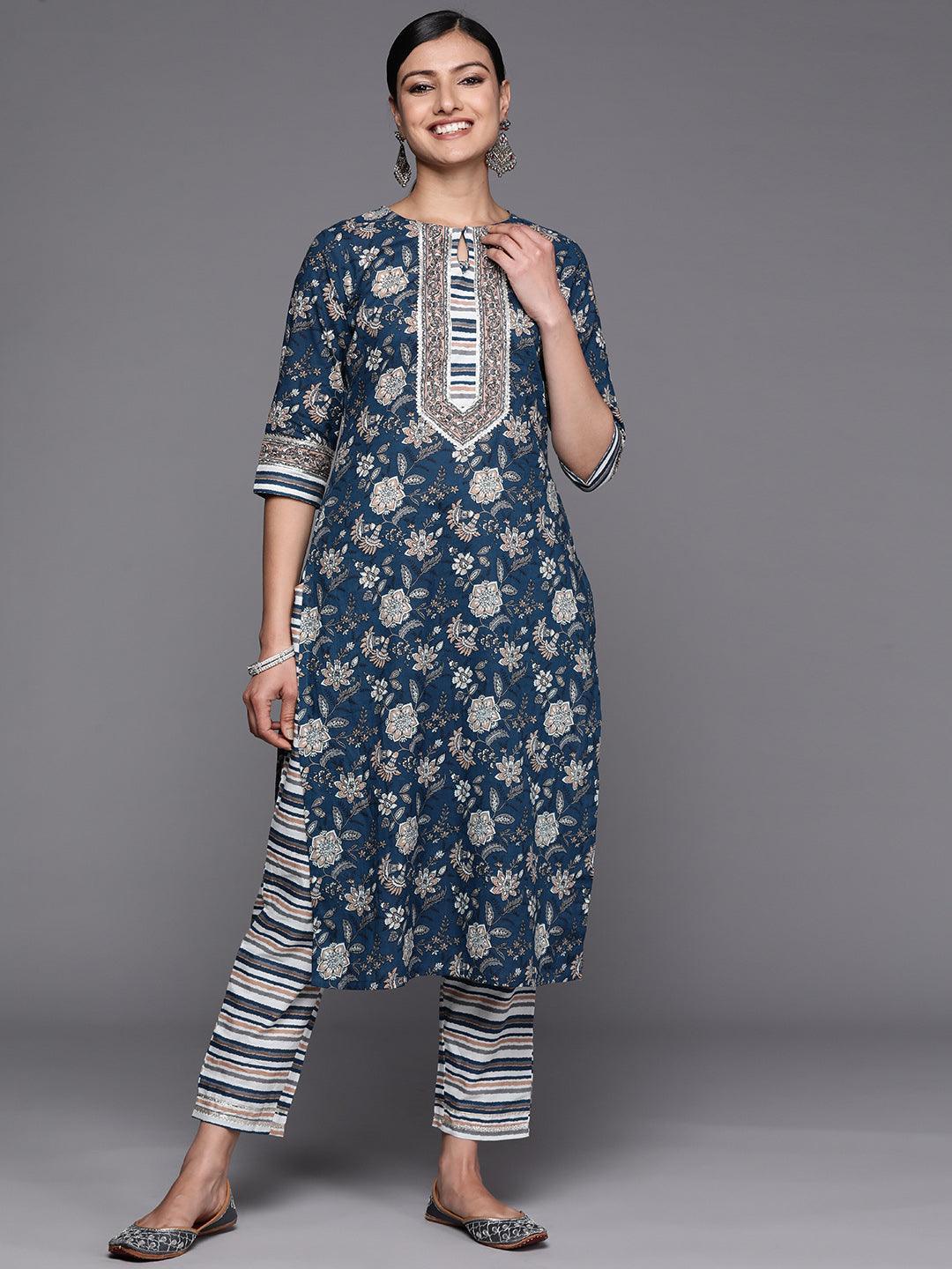 Blue Printed Cotton Straight Kurta Set With Trousers - ShopLibas