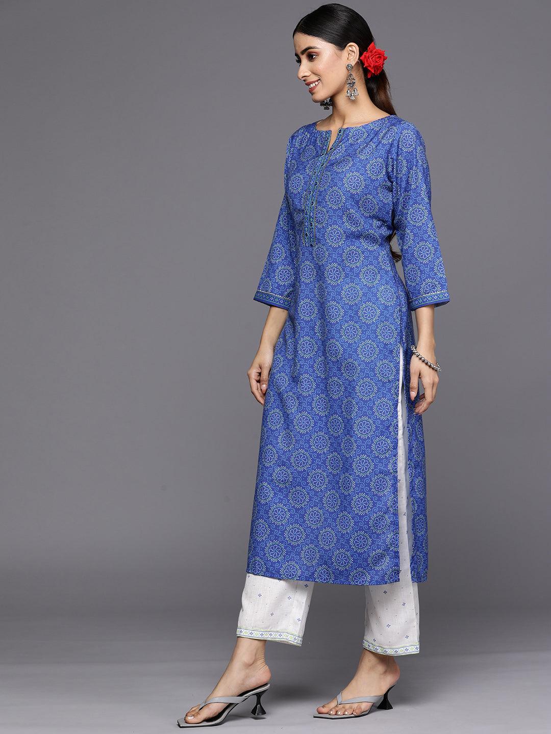 Blue Printed Cotton Straight Kurta Set With Trousers - ShopLibas