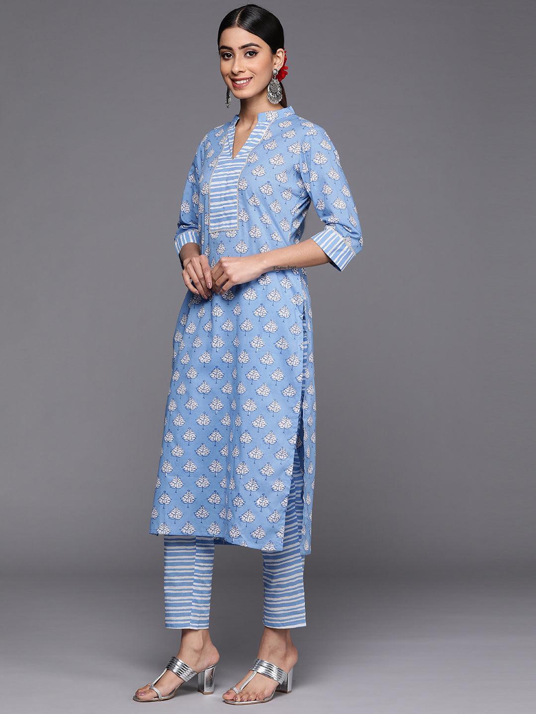 Blue Printed Cotton Straight Kurta Set With Trousers - ShopLibas