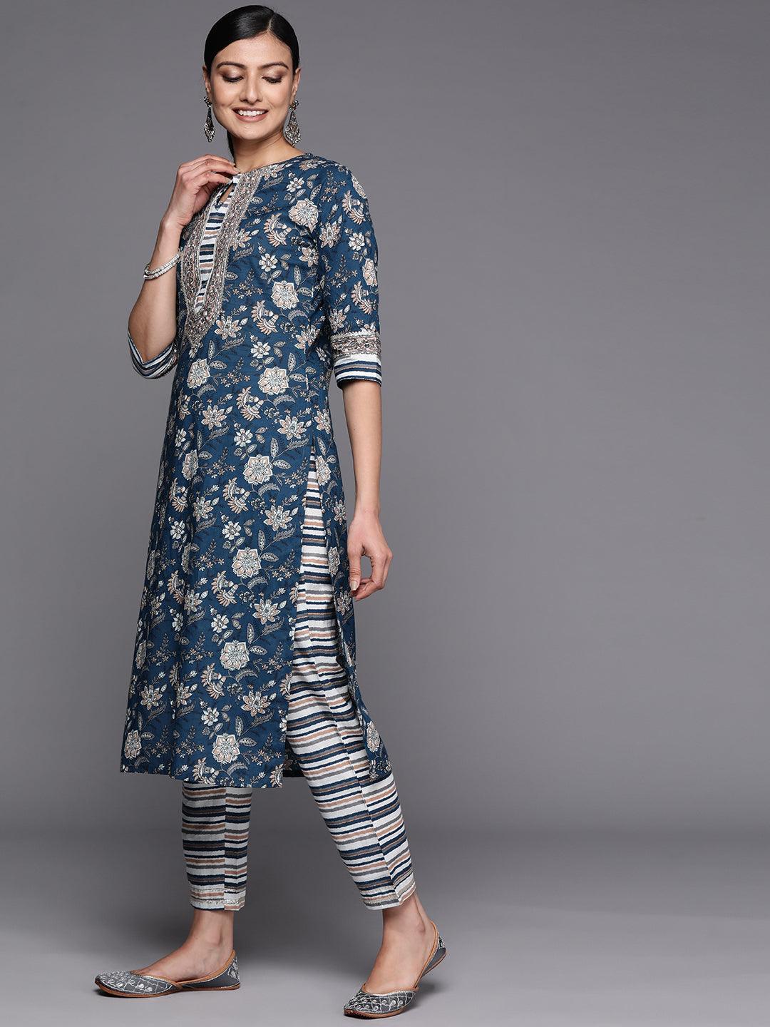 Blue Printed Cotton Straight Kurta Set With Trousers - ShopLibas