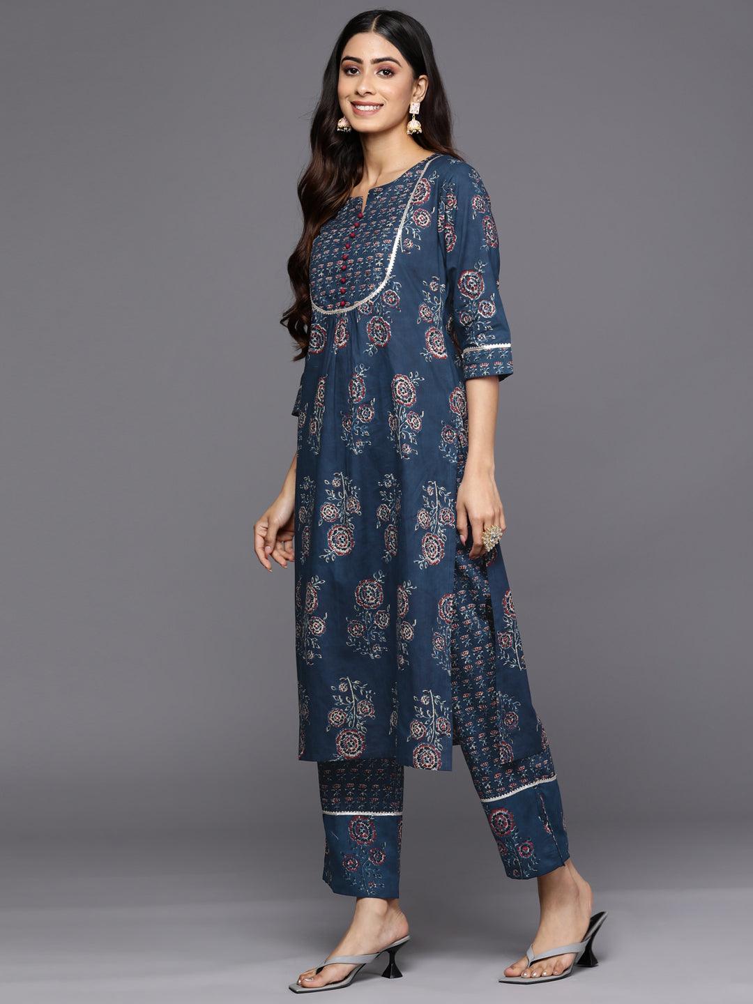 Blue Printed Cotton Straight Kurta Set With Trousers