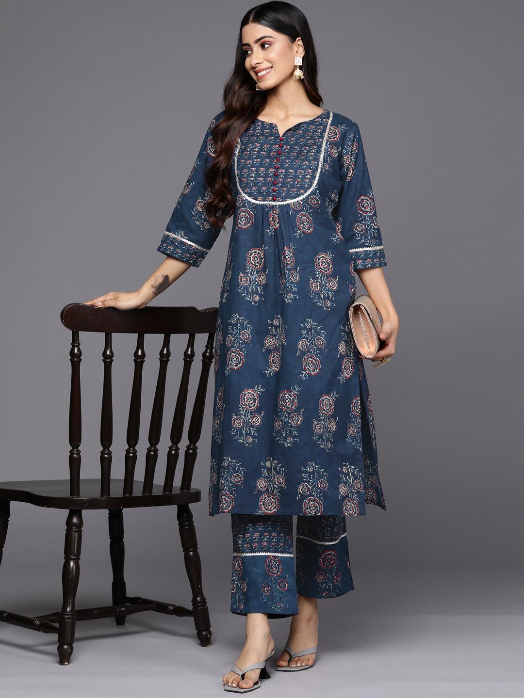 Blue Printed Cotton Straight Kurta Set With Trousers