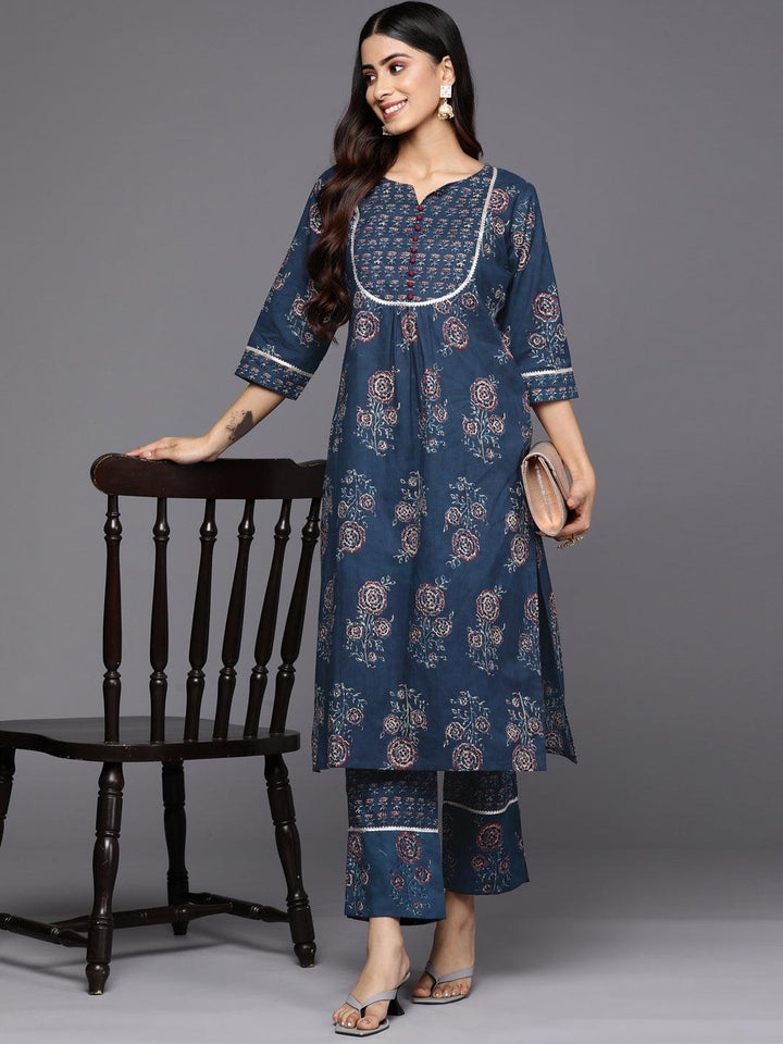 Blue Printed Cotton Straight Kurta Set With Trousers - ShopLibas