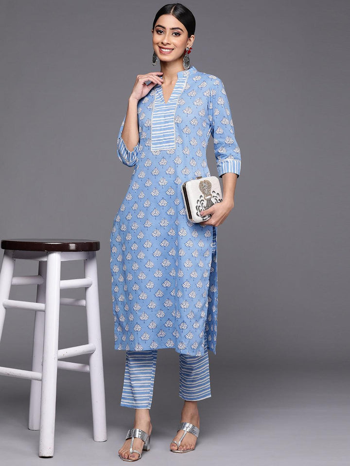 Blue Printed Cotton Straight Kurta Set With Trousers - ShopLibas