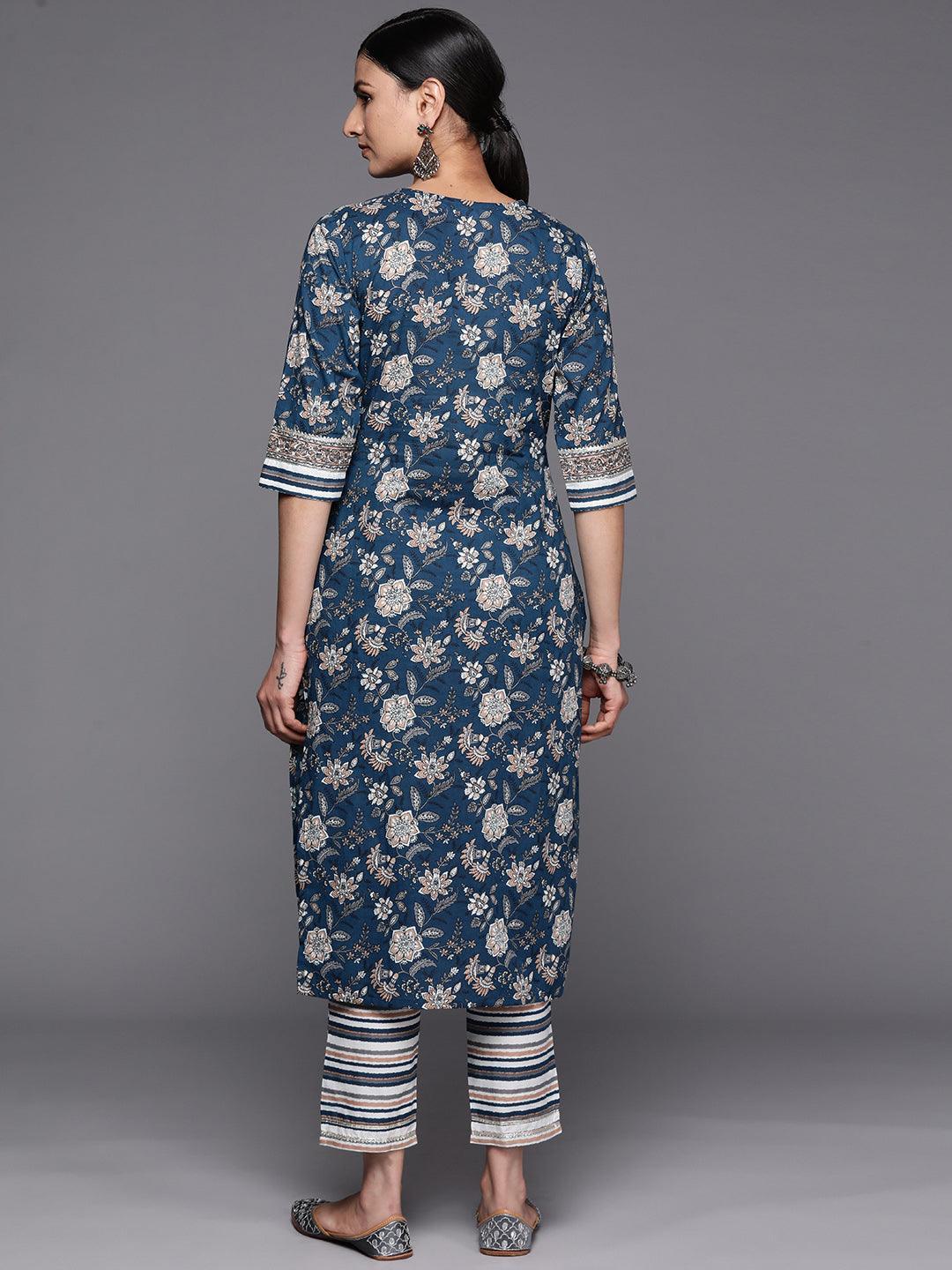 Blue Printed Cotton Straight Kurta Set With Trousers - ShopLibas