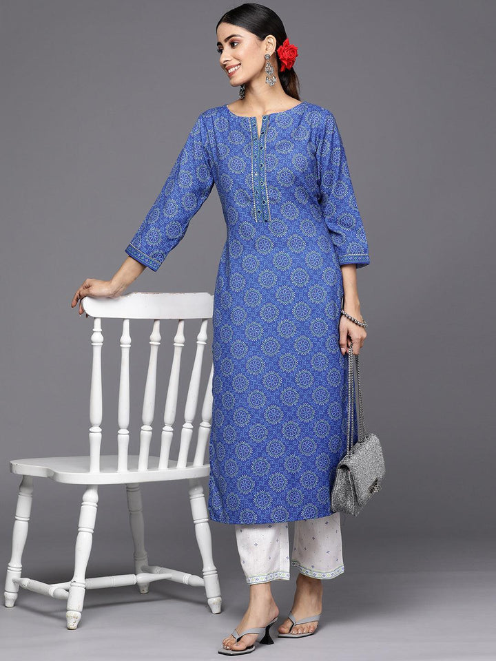 Blue Printed Cotton Straight Kurta Set With Trousers - ShopLibas