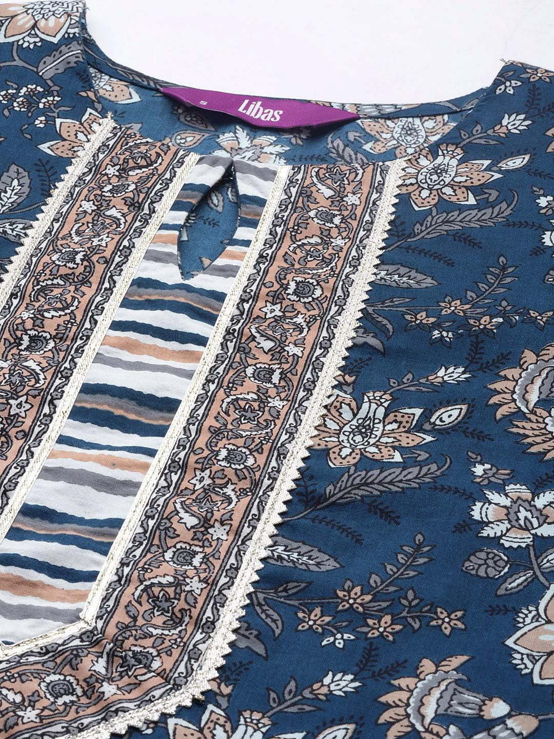 Blue Printed Cotton Straight Kurta Set With Trousers - ShopLibas