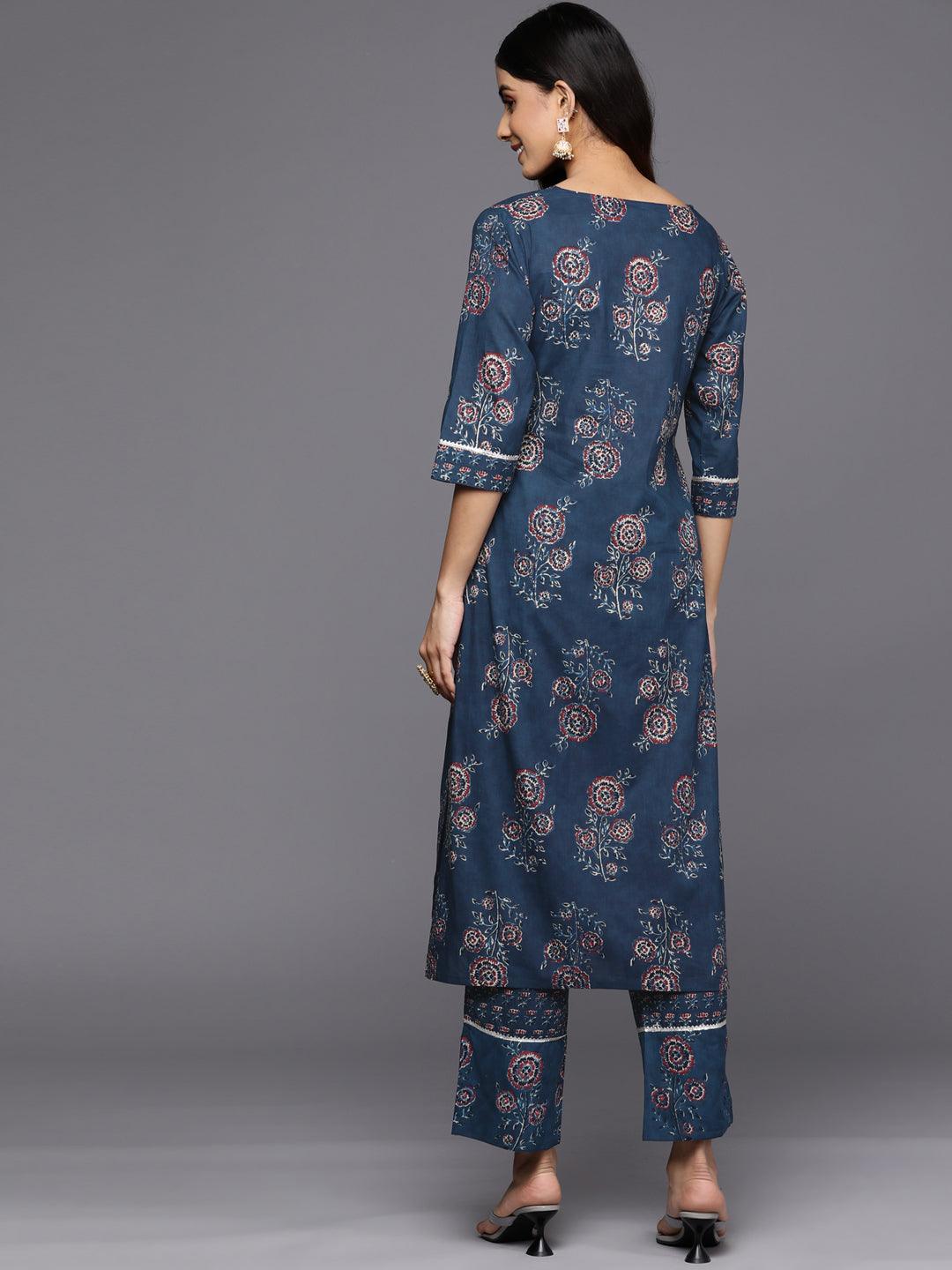 Blue Printed Cotton Straight Kurta Set With Trousers