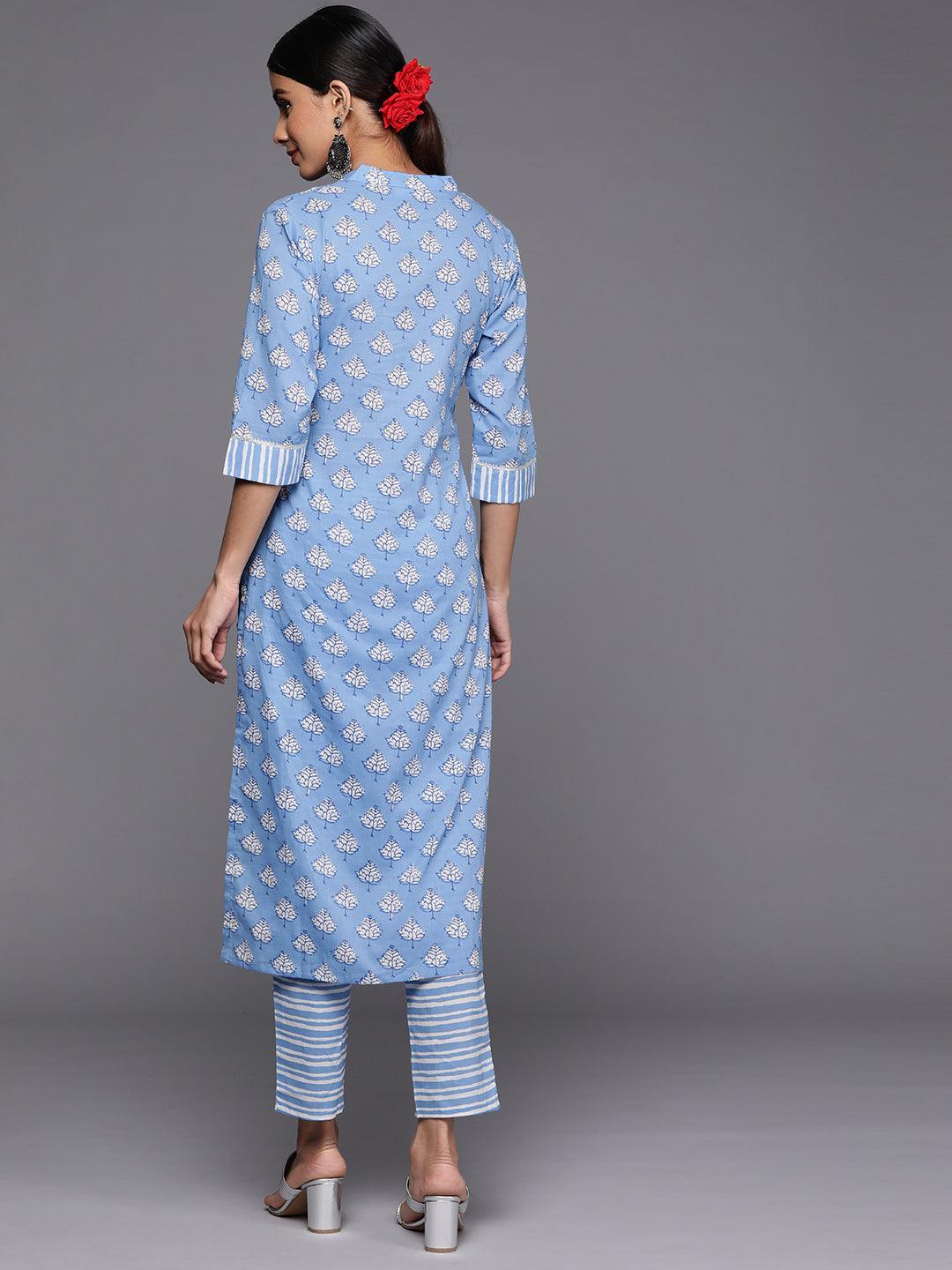 Blue Printed Cotton Straight Kurta Set With Trousers - ShopLibas