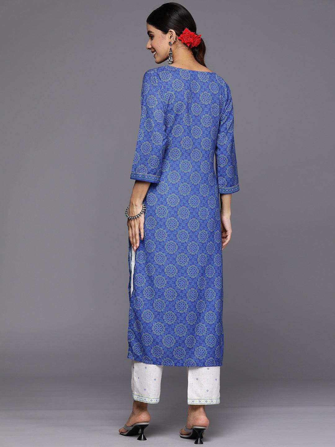 Blue Printed Cotton Straight Kurta Set With Trousers - ShopLibas