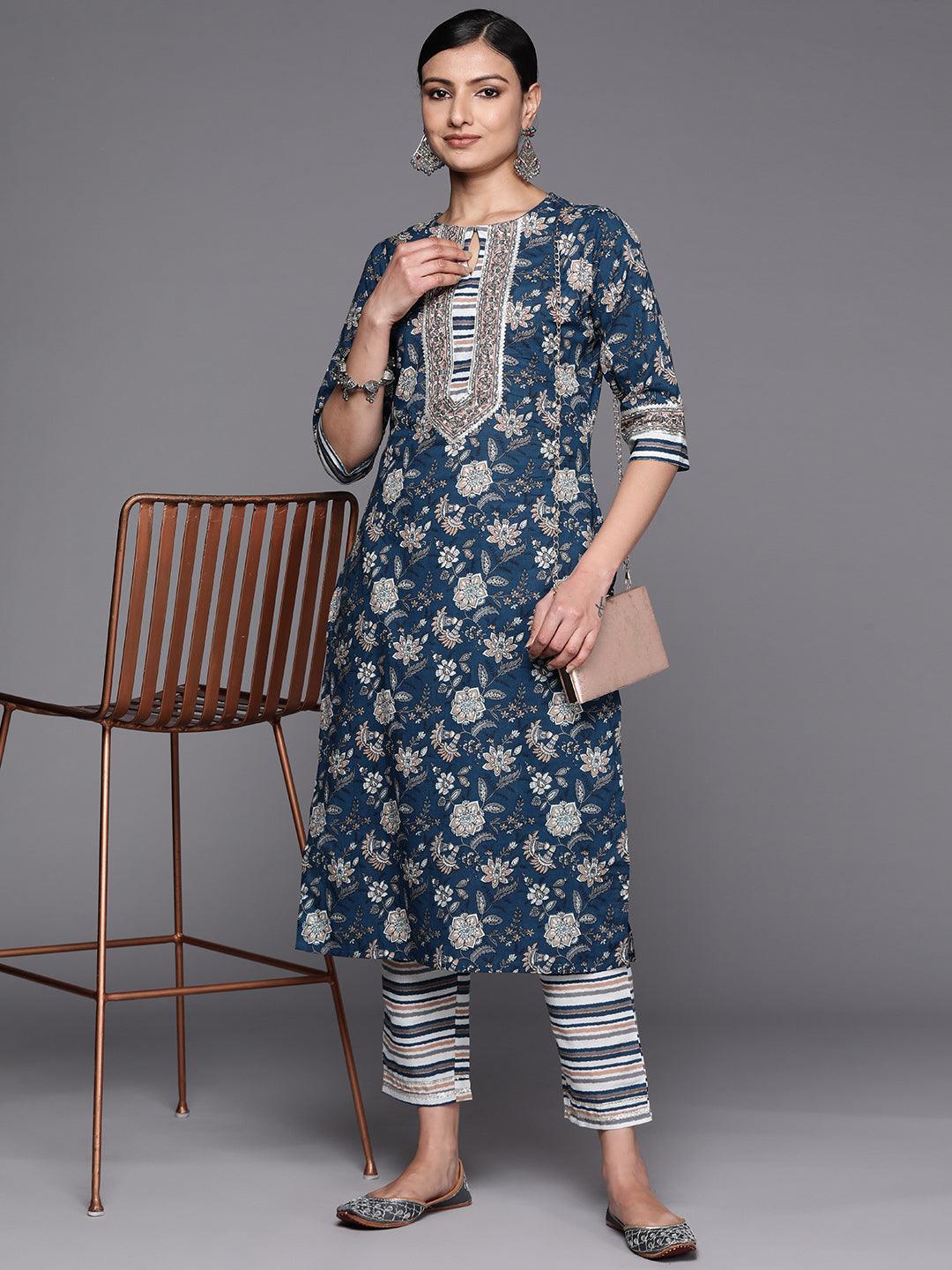 Blue Printed Cotton Straight Kurta Set With Trousers - ShopLibas