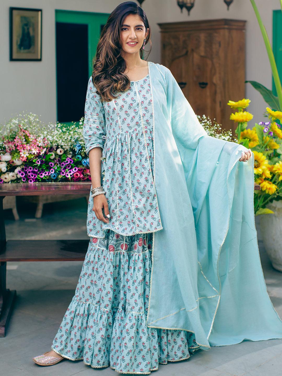 Blue Printed Cotton Suit Set - ShopLibas