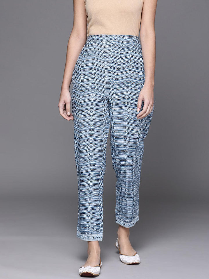 Blue Printed Cotton Trousers - ShopLibas