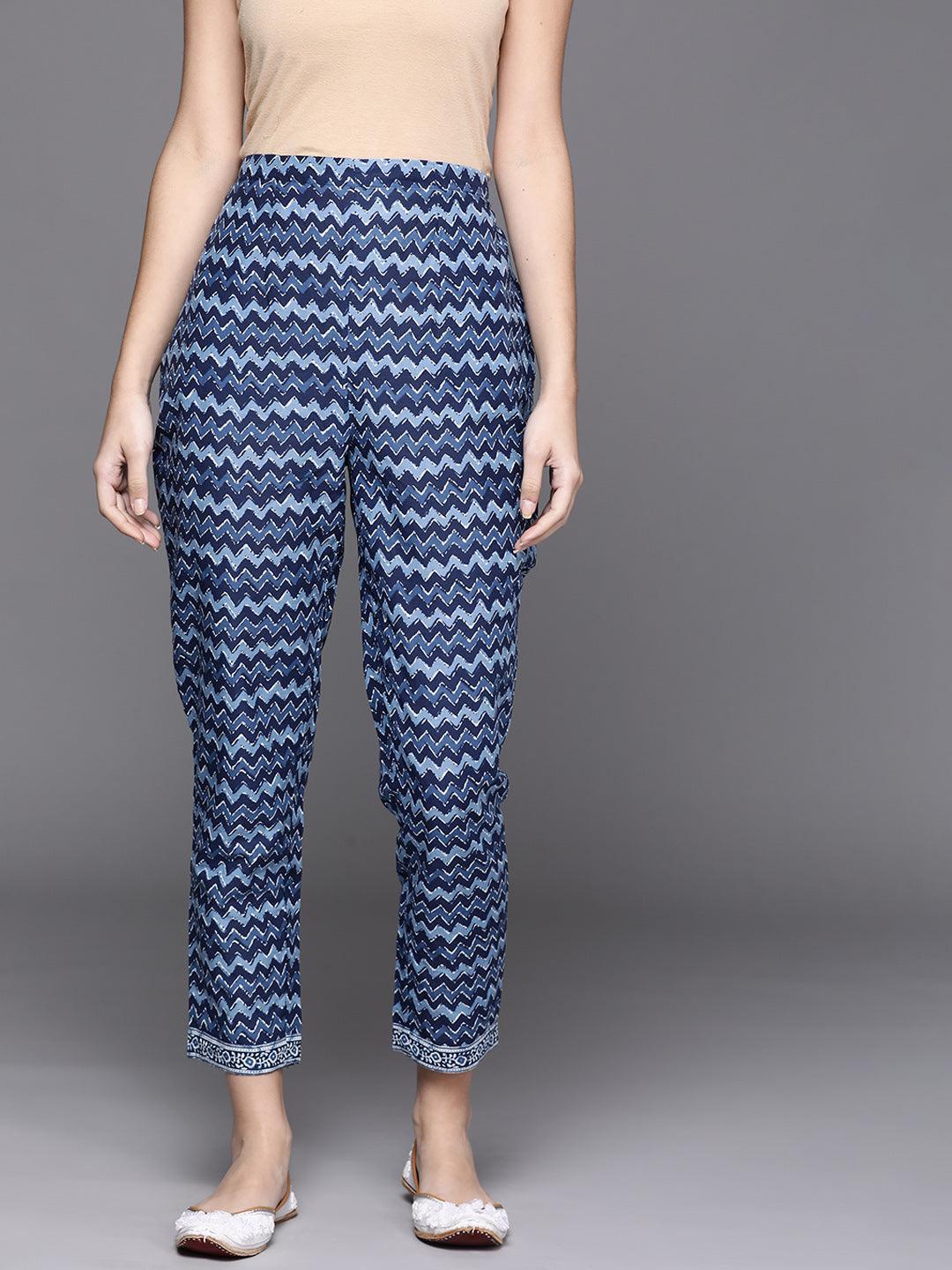 Blue Printed Cotton Trousers - ShopLibas