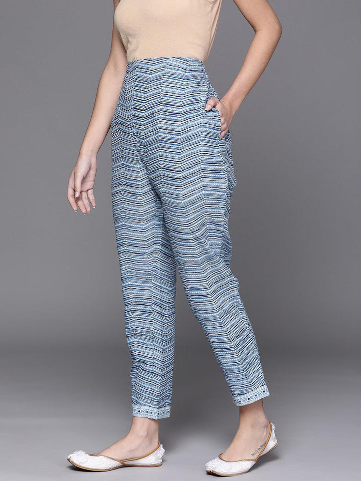 Blue Printed Cotton Trousers - ShopLibas