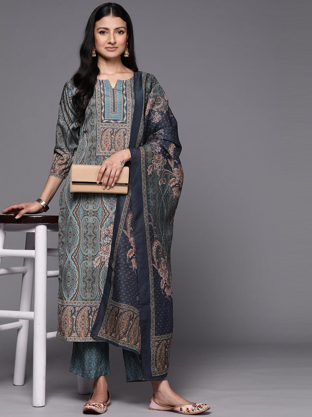 Blue Printed Crepe Straight Suit Set With Trousers