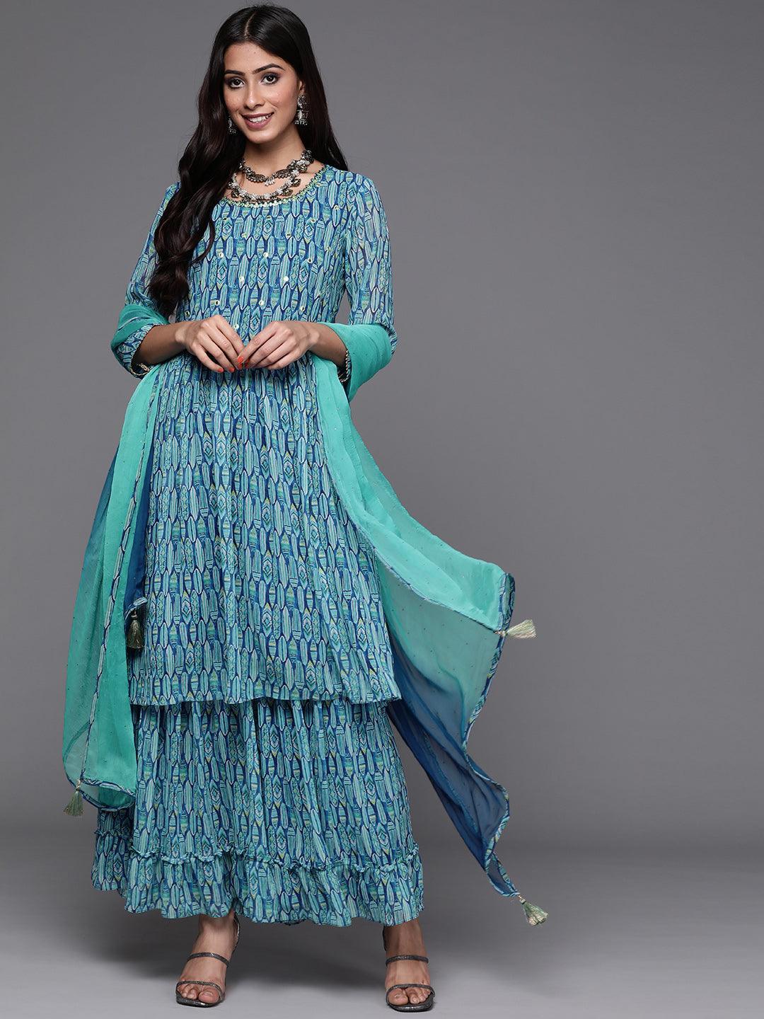 Blue Printed Georgette Suit Set - ShopLibas