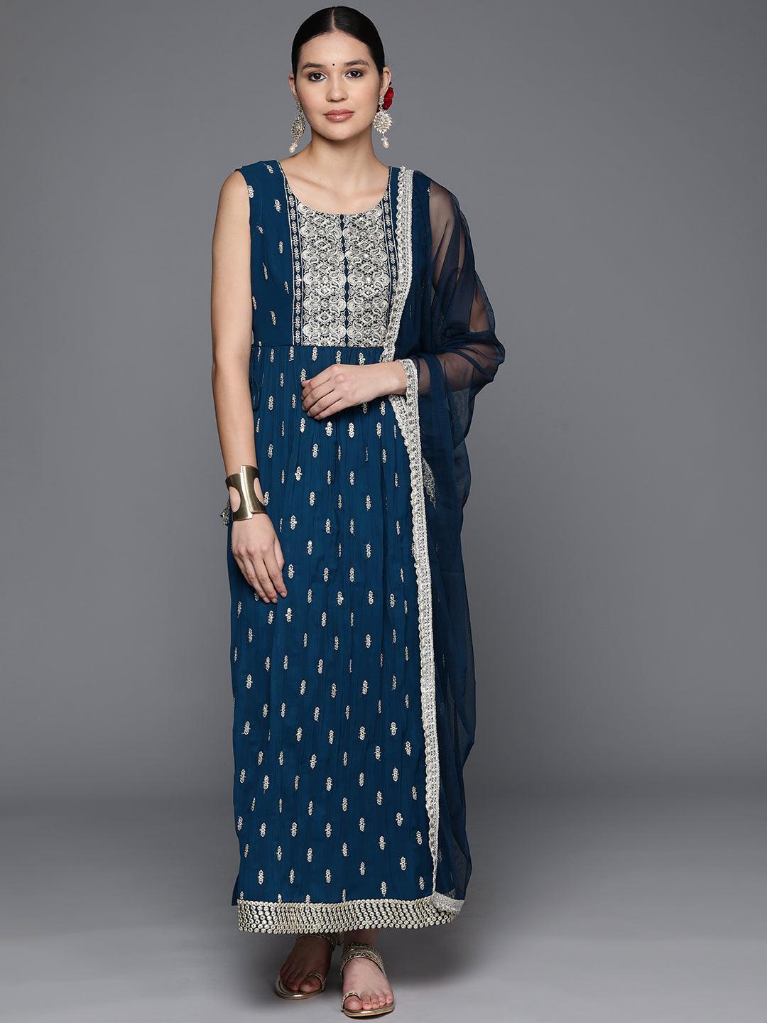 Blue Printed Georgette A-Line Kurta With Trousers & Dupatta