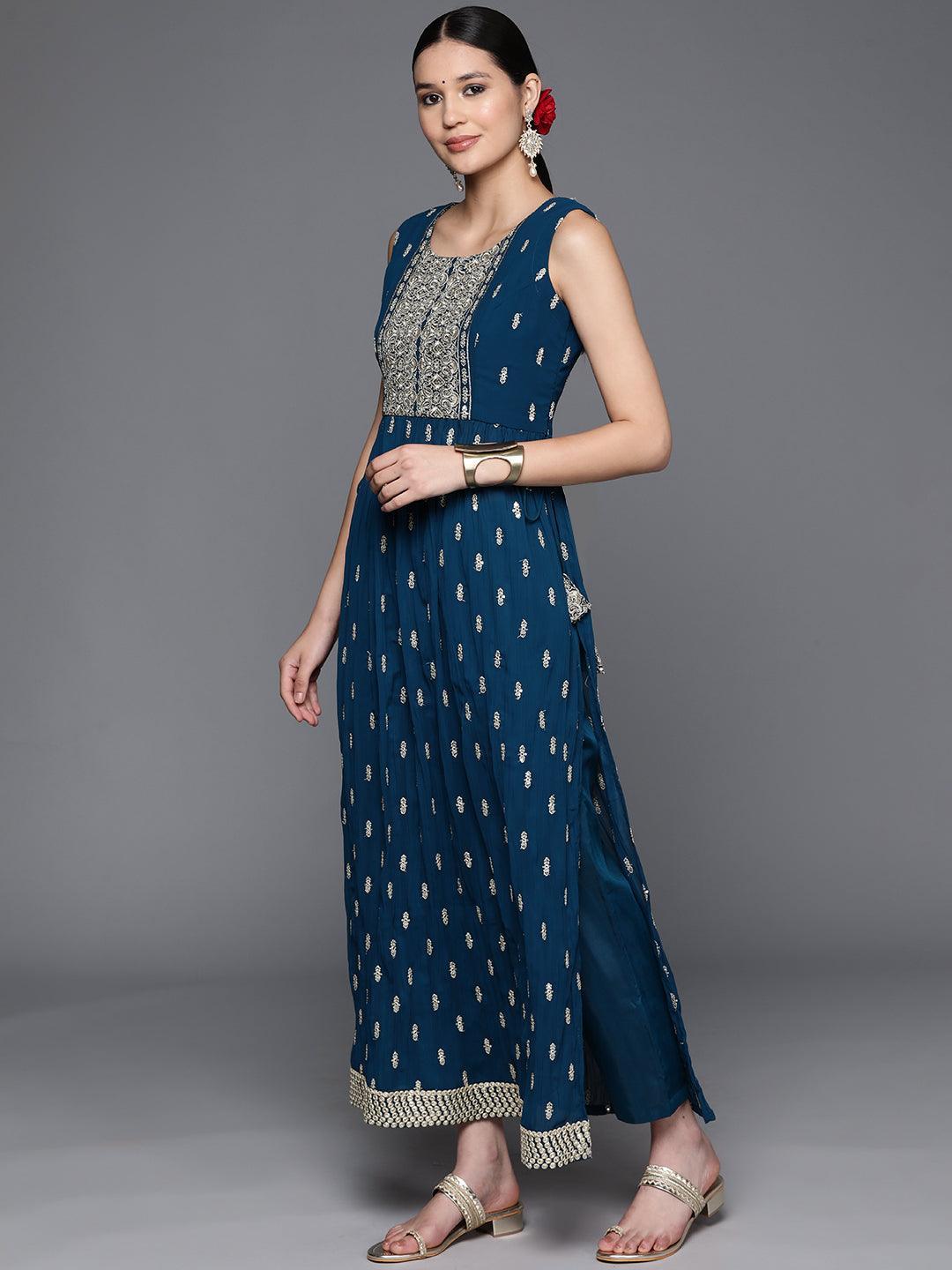 Blue Printed Georgette A-Line Kurta With Trousers & Dupatta