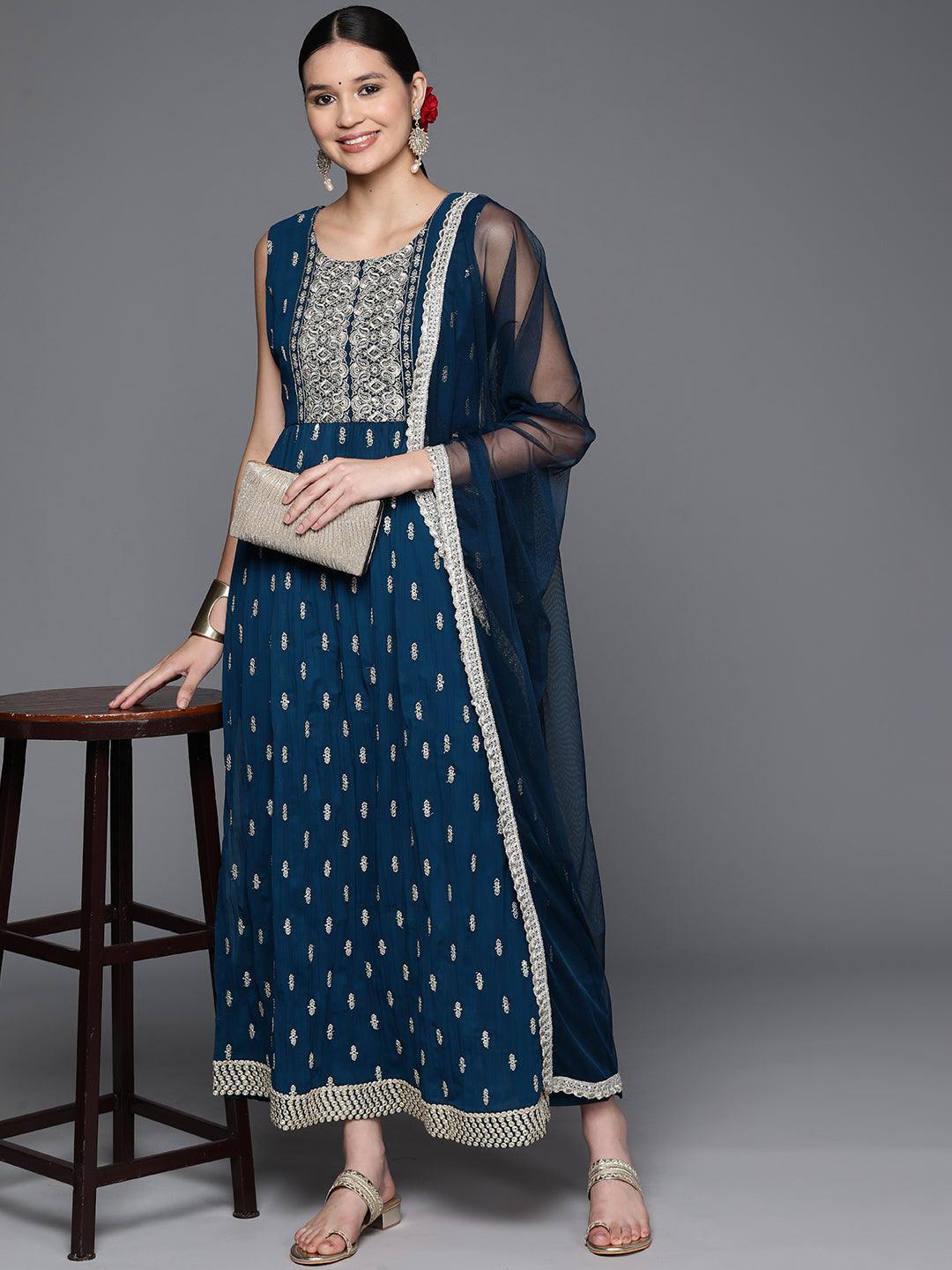 Blue Printed Georgette A-Line Kurta With Trousers & Dupatta