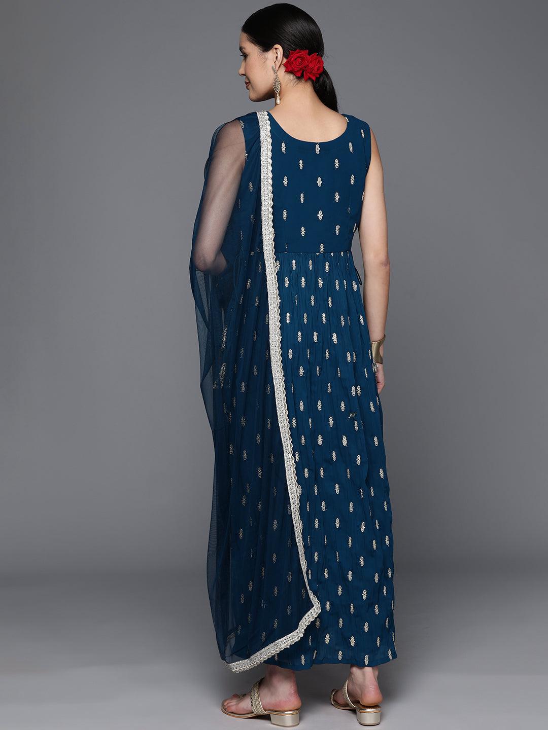 Blue Printed Georgette A-Line Kurta With Trousers & Dupatta