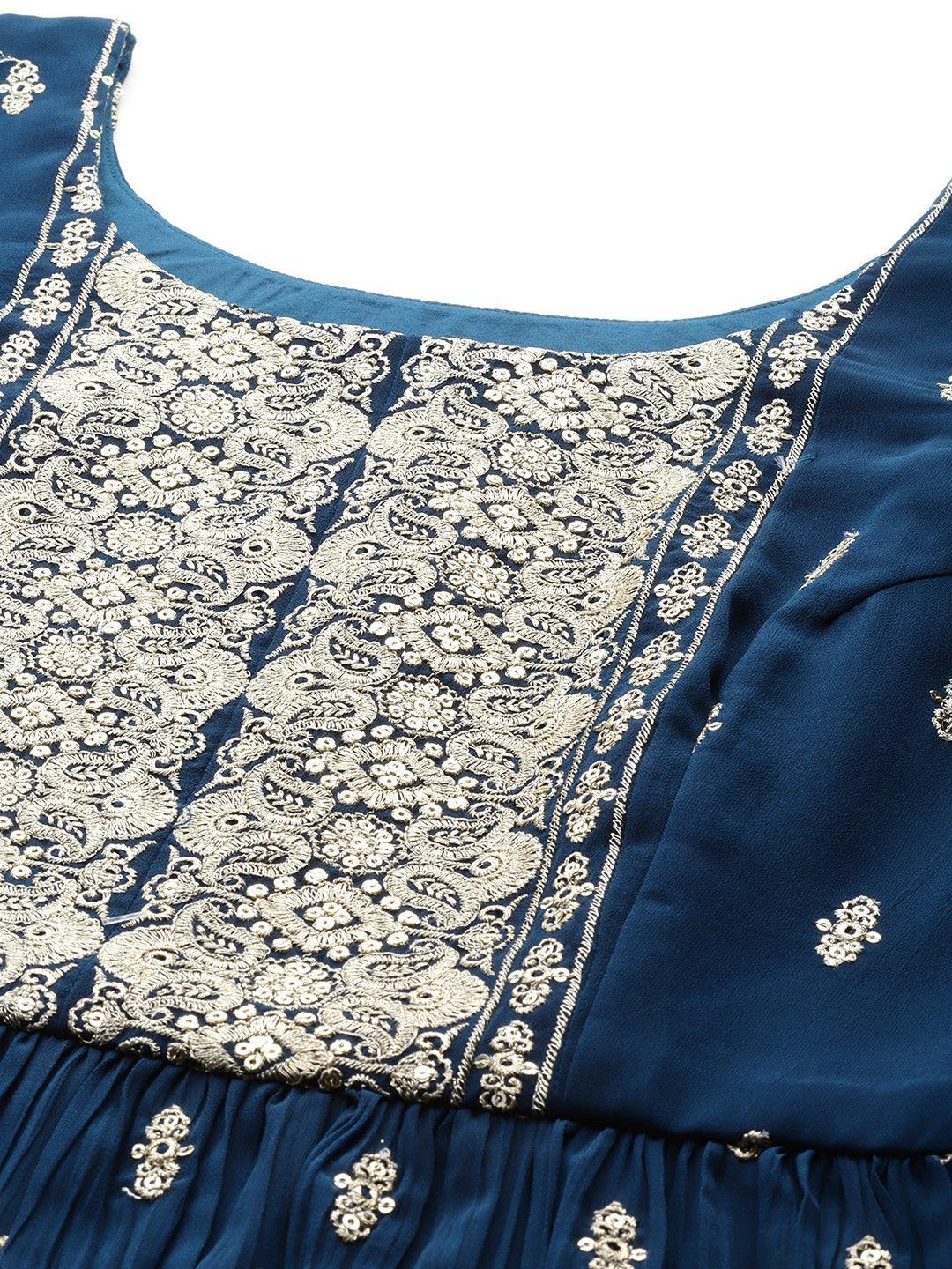 Blue Printed Georgette A-Line Kurta With Trousers & Dupatta