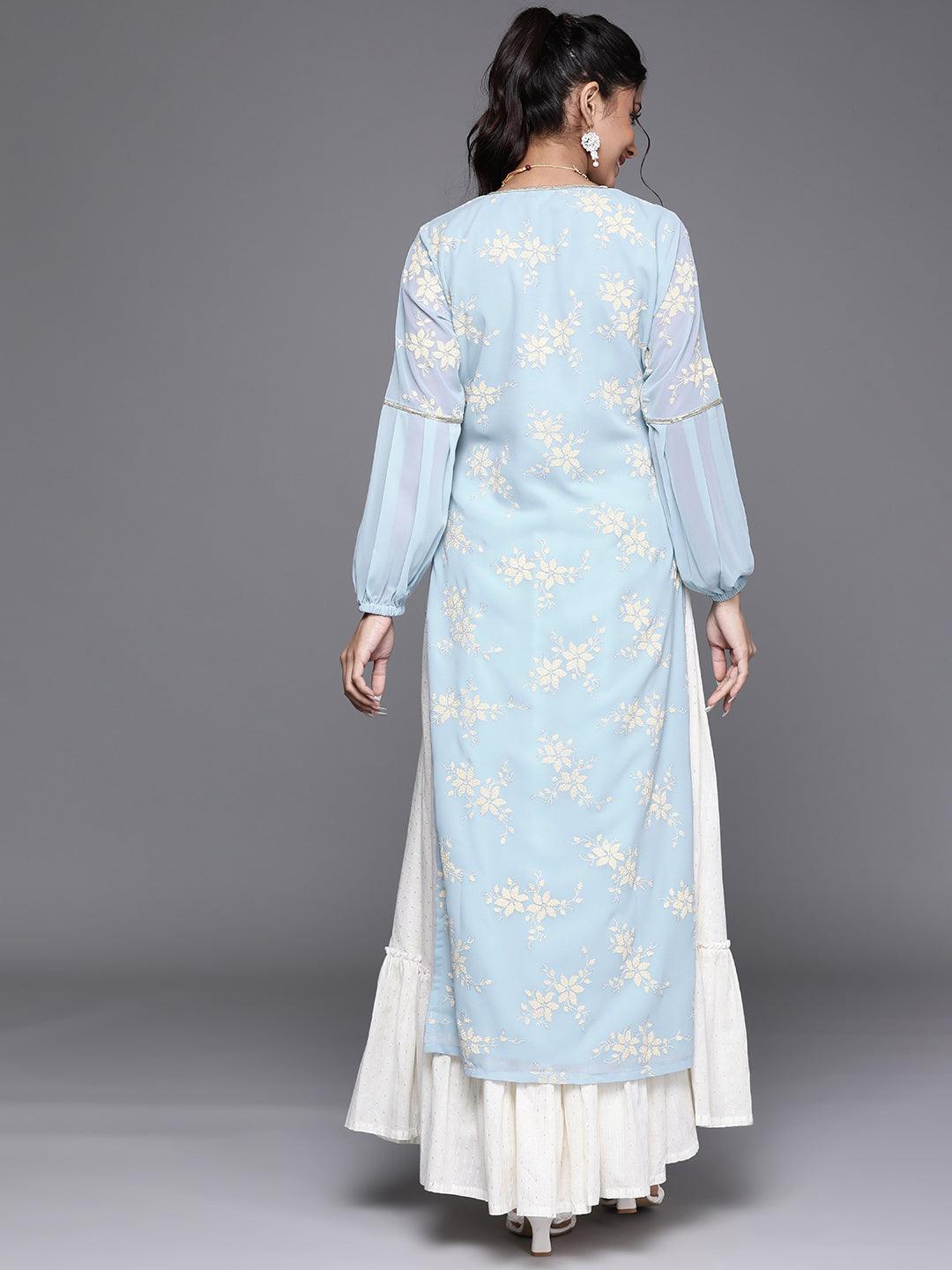 Blue Printed Georgette Kurta - Libas