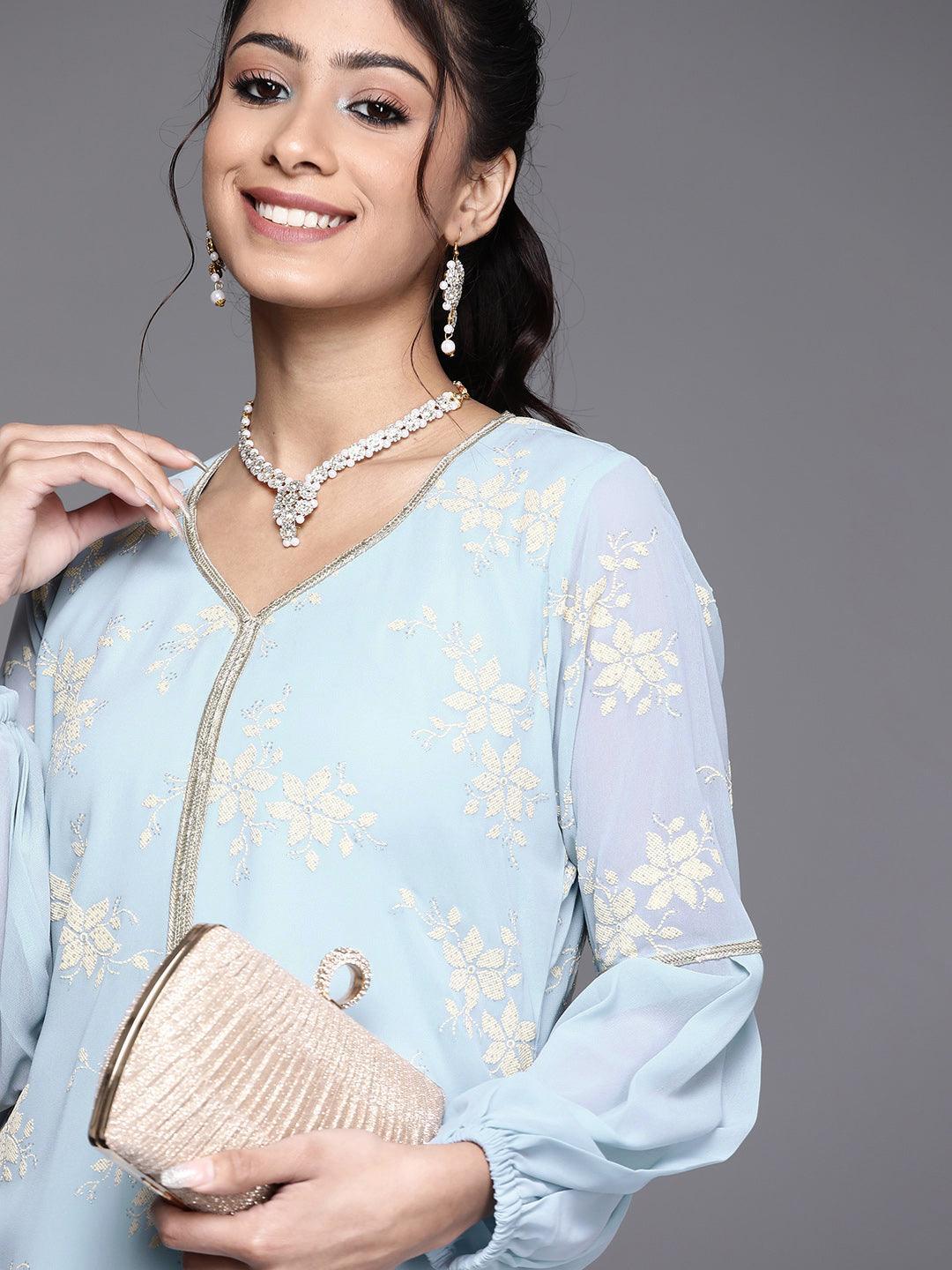 Blue Printed Georgette Kurta