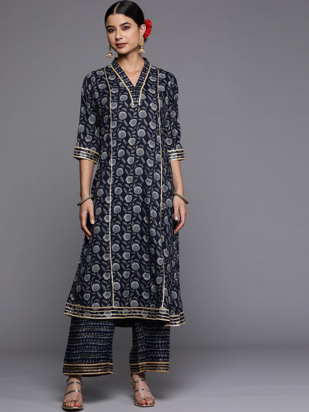 Blue Printed Rayon A-Line Kurta