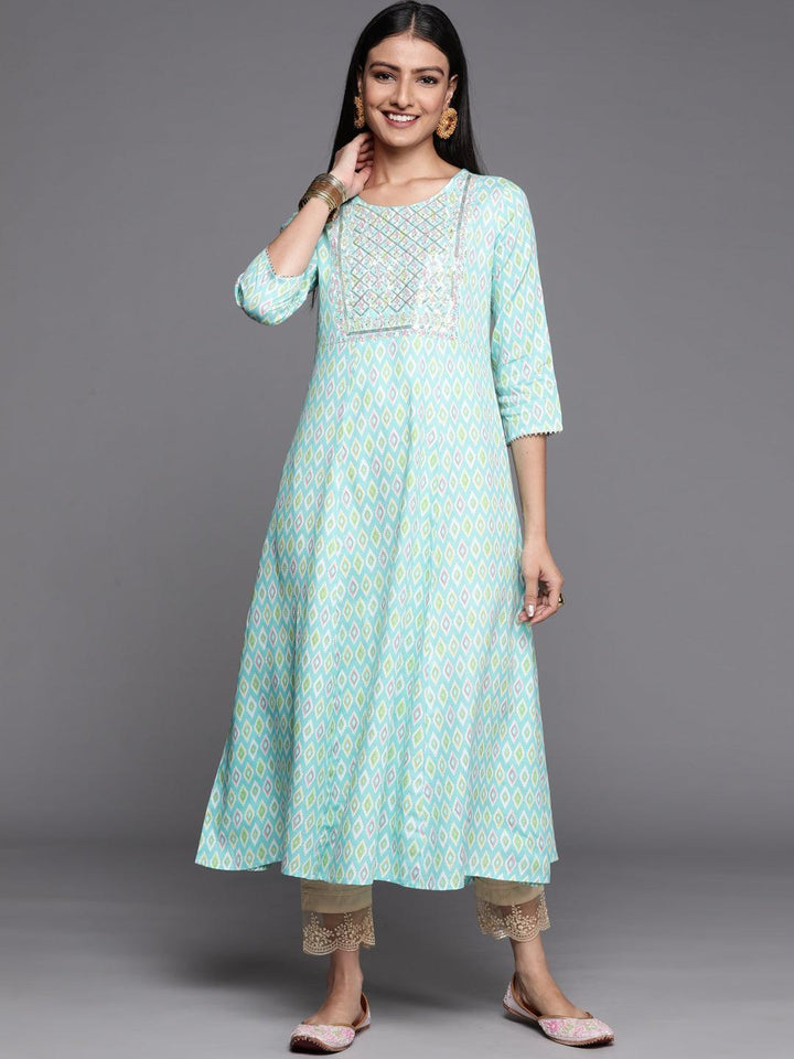 Blue Printed Rayon A-Line Kurta - ShopLibas