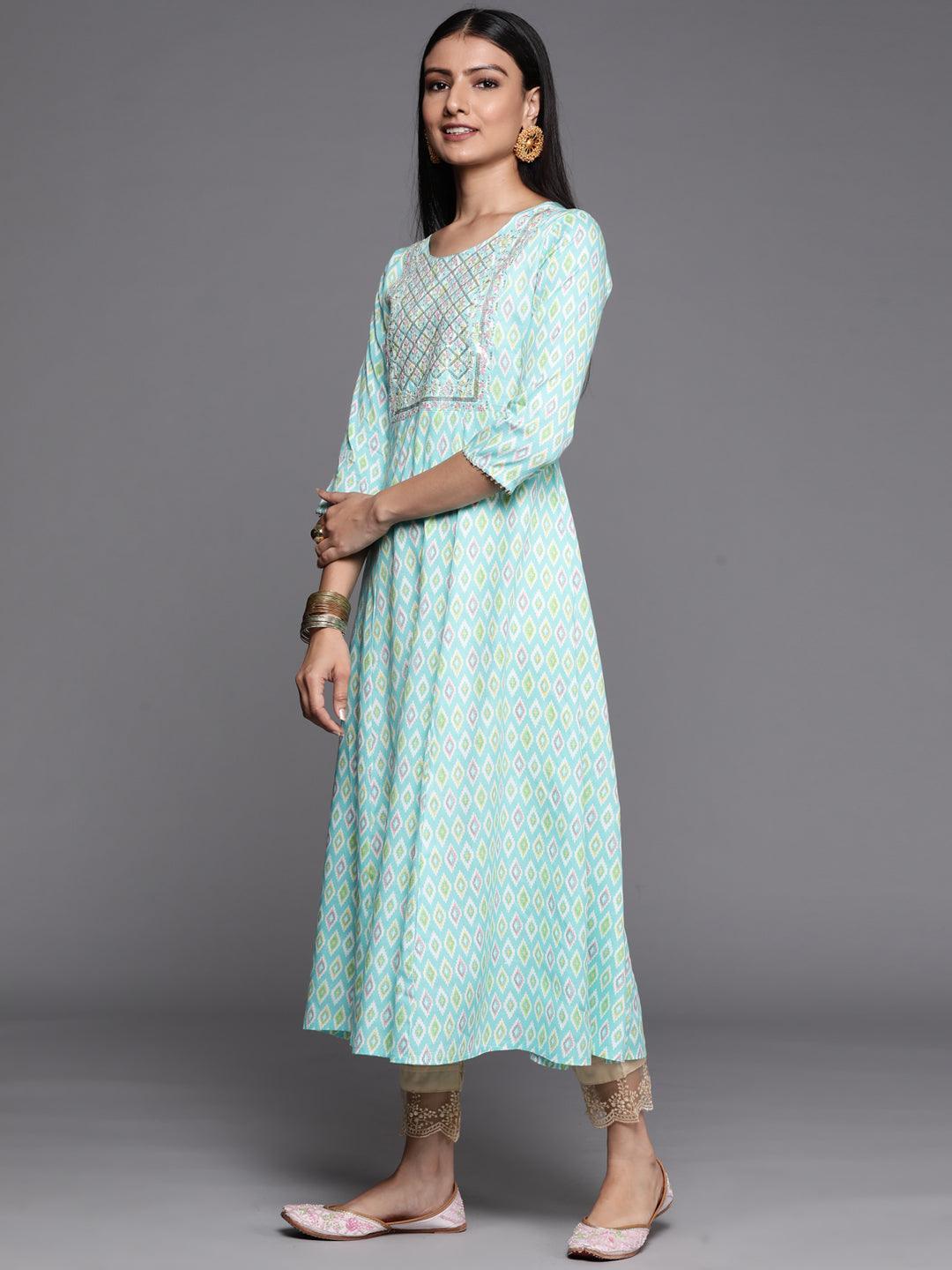 Blue Printed Rayon A-Line Kurta - ShopLibas