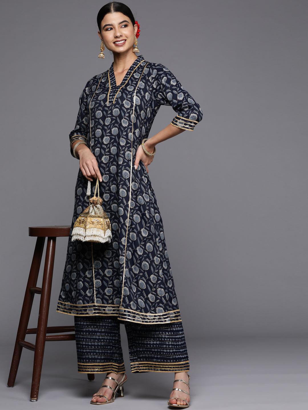 Blue Printed Rayon A-Line Kurta