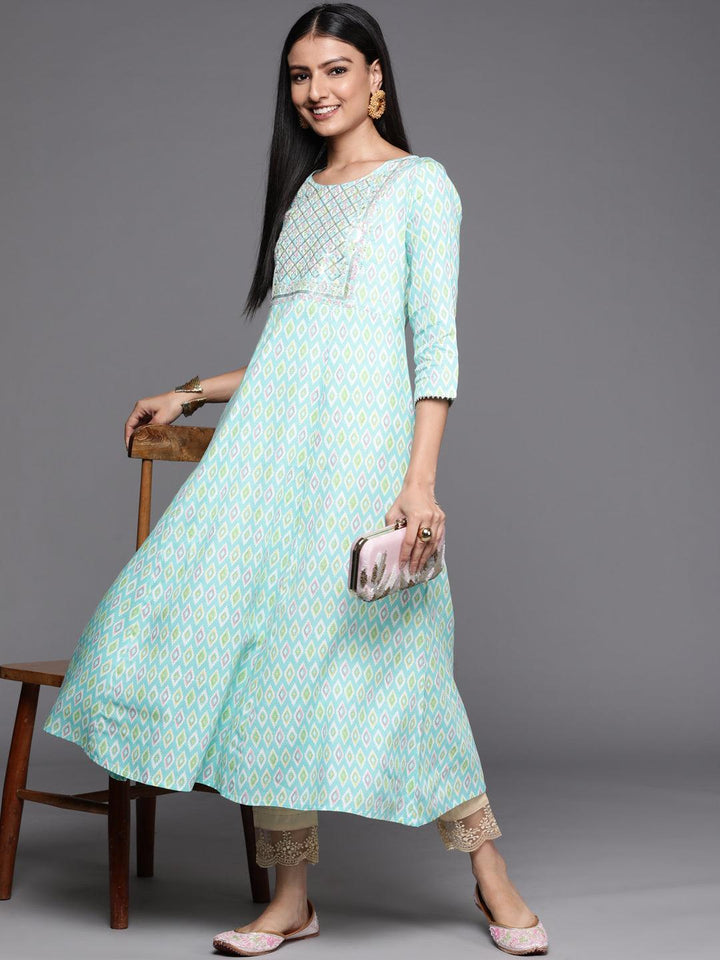 Blue Printed Rayon A-Line Kurta - ShopLibas