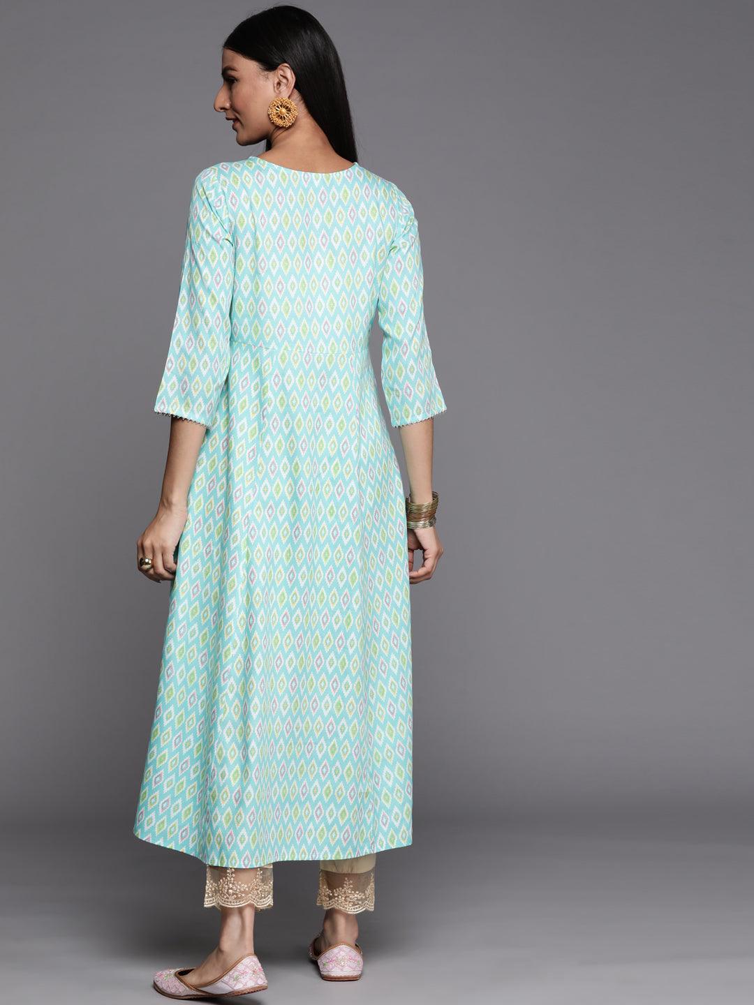 Blue Printed Rayon A-Line Kurta - ShopLibas