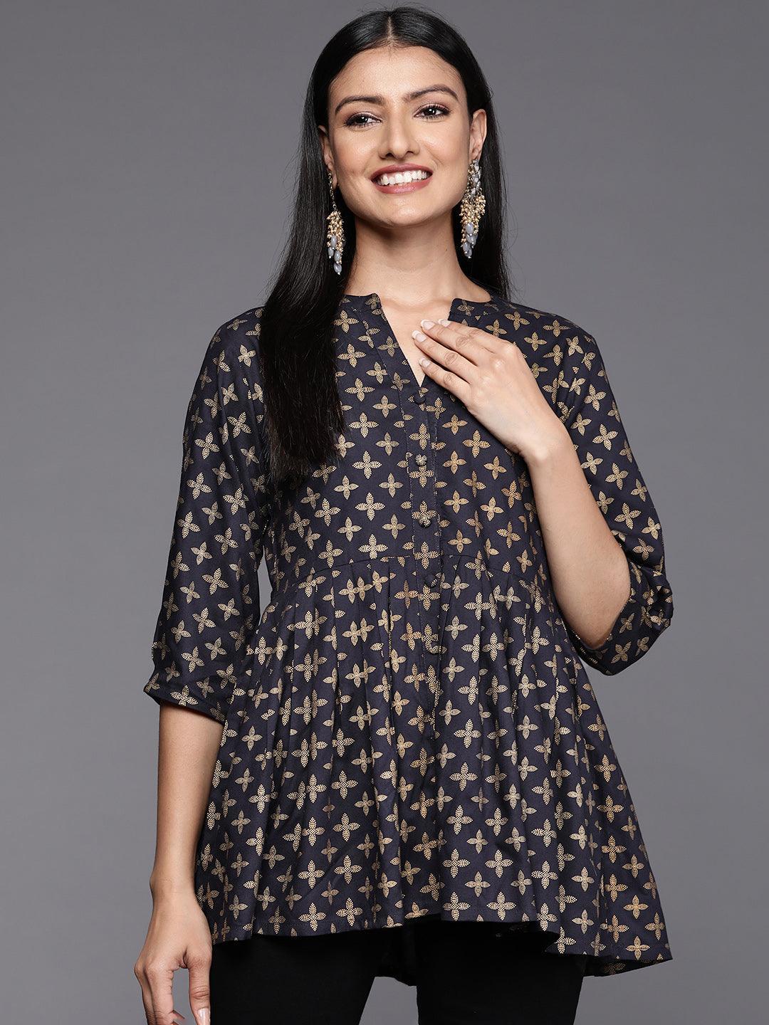 Blue Printed Rayon A-Line Kurti