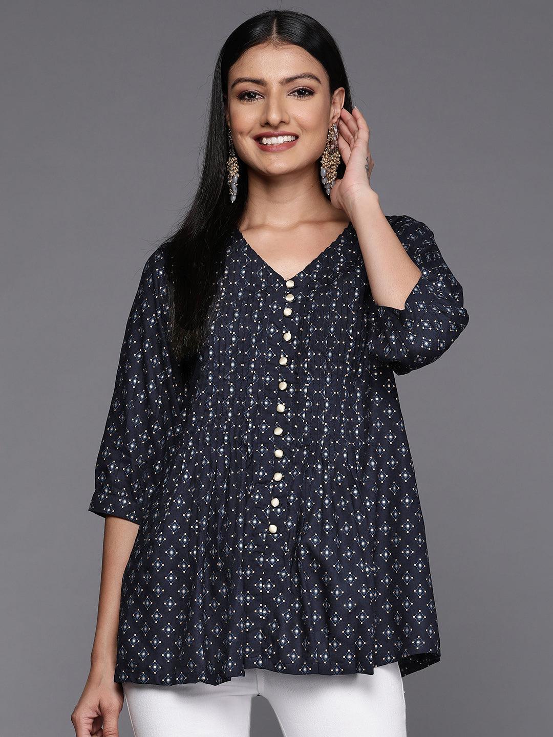 Blue Printed Rayon A-Line Kurti