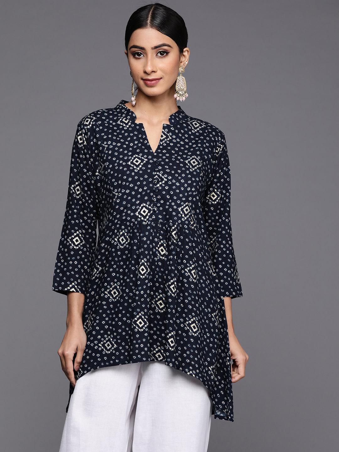 Blue Printed Rayon A-Line Kurti