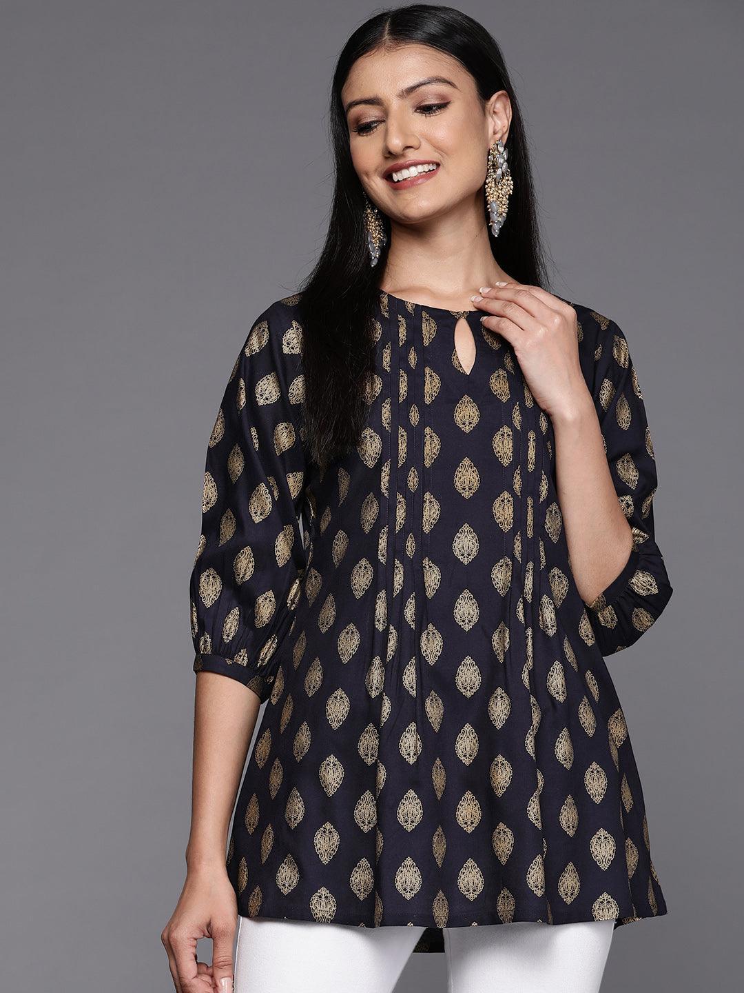 Blue Printed Rayon A-Line Kurti