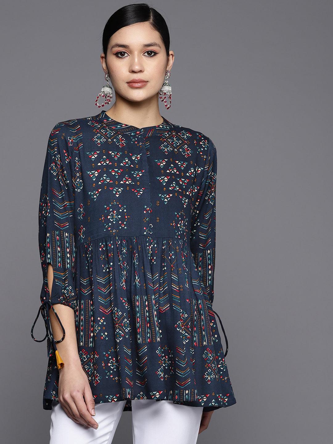 Blue Printed Rayon A-Line Kurti