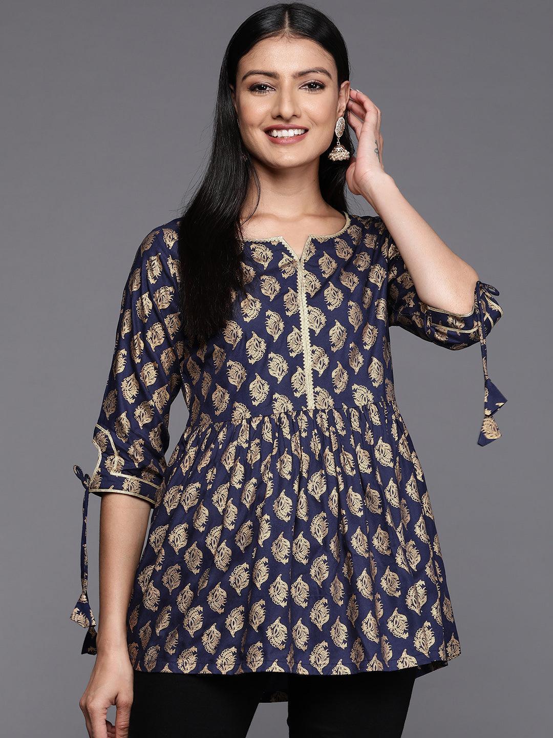 Blue Printed Rayon A-Line Kurti