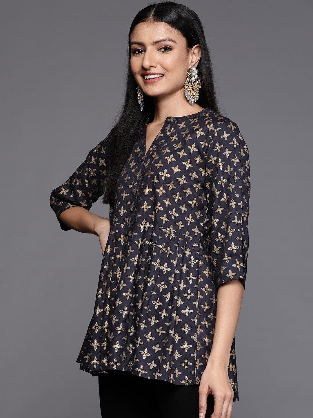 Blue Printed Rayon A-Line Kurti