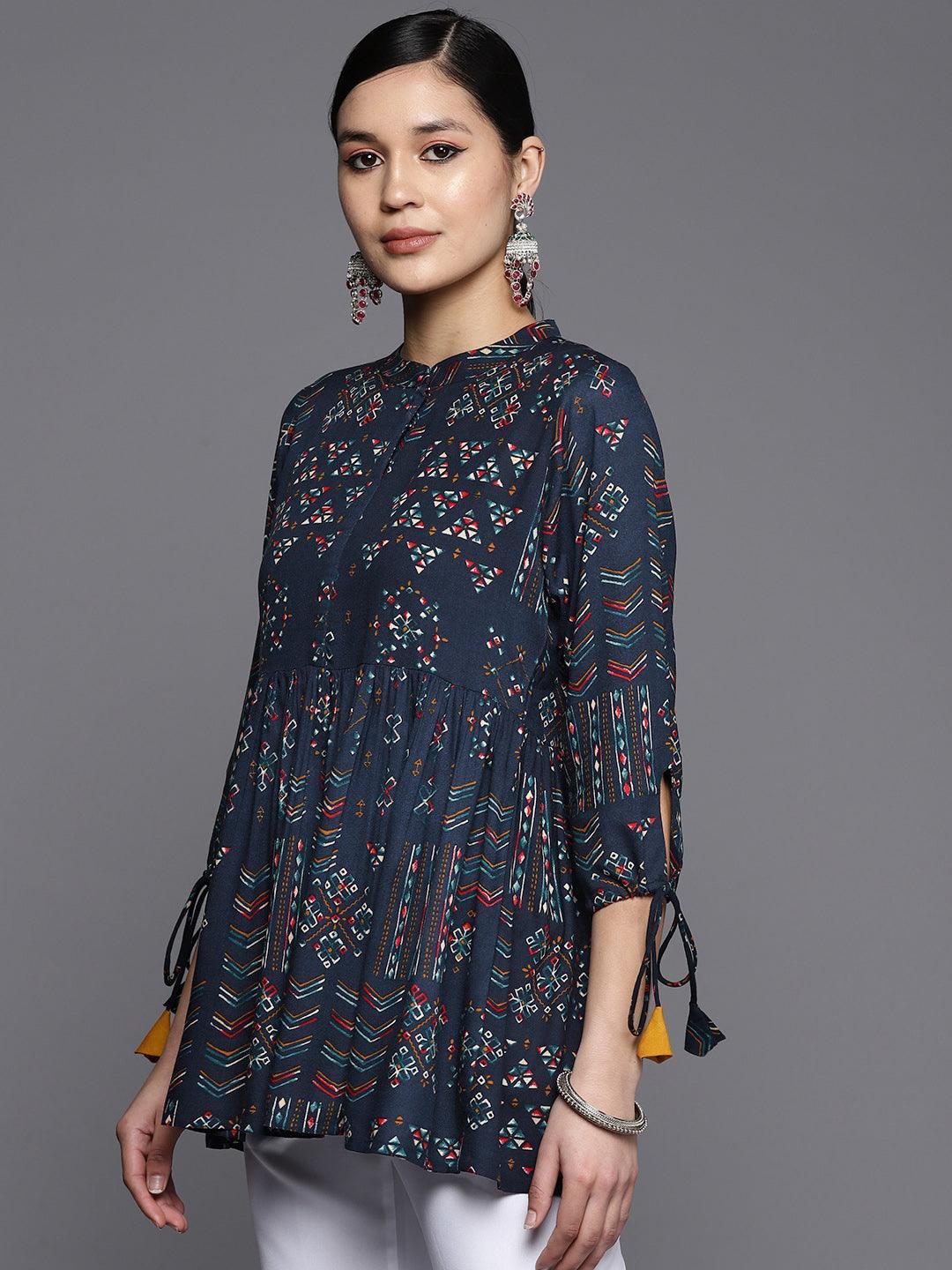 Blue Printed Rayon A-Line Kurti