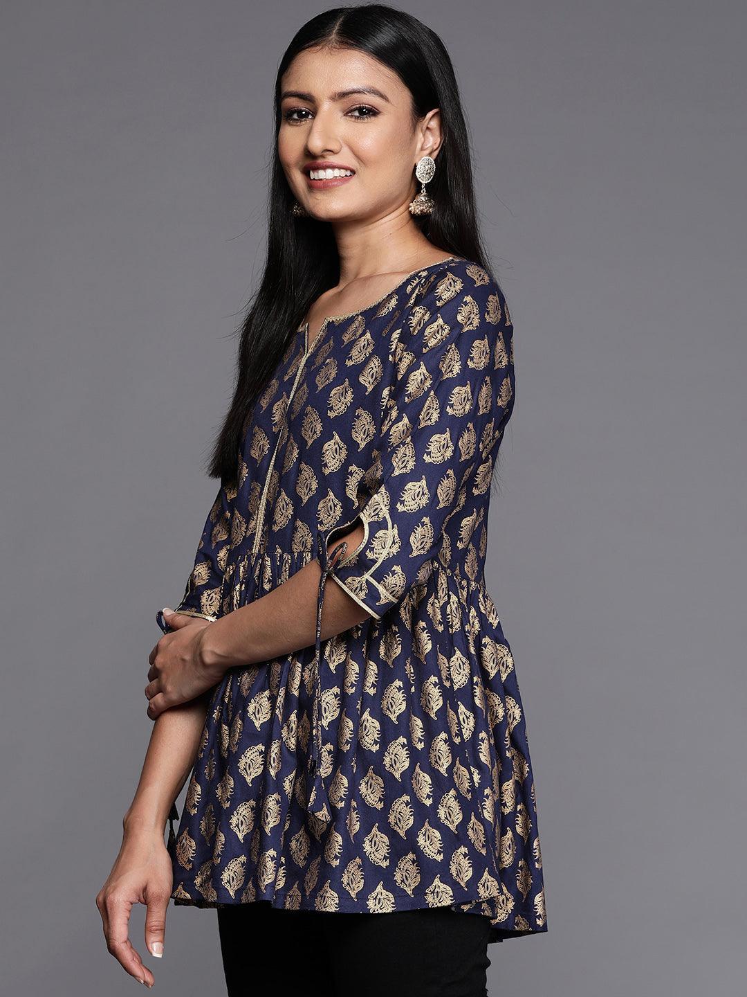 Blue Printed Rayon A-Line Kurti