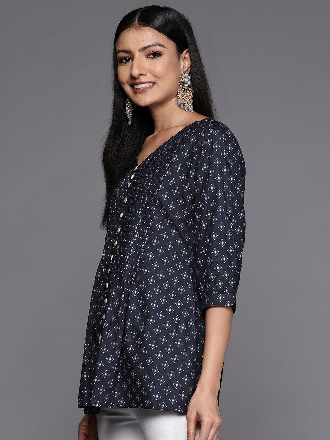 Blue Printed Rayon A-Line Kurti