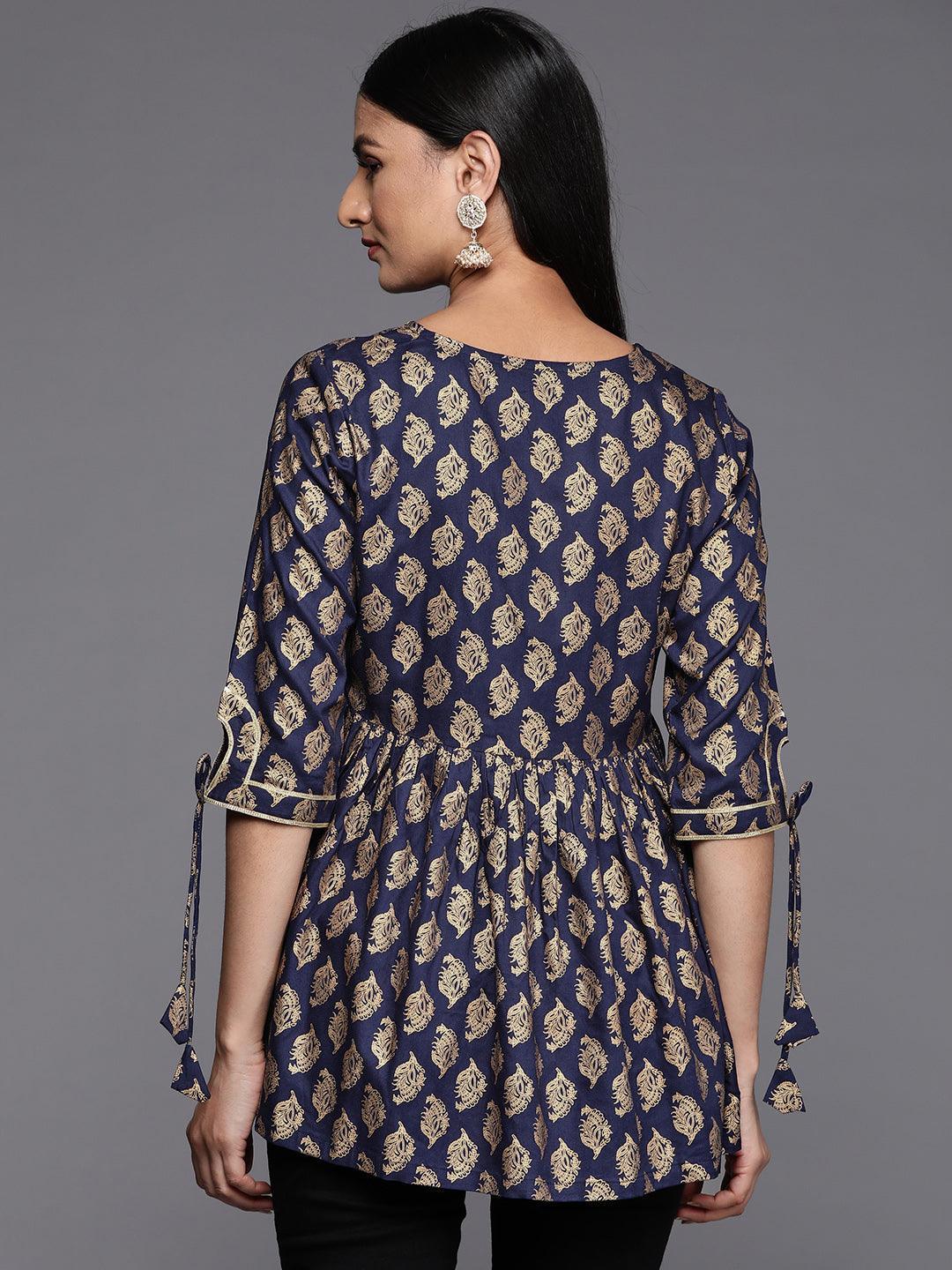 Blue Printed Rayon A-Line Kurti