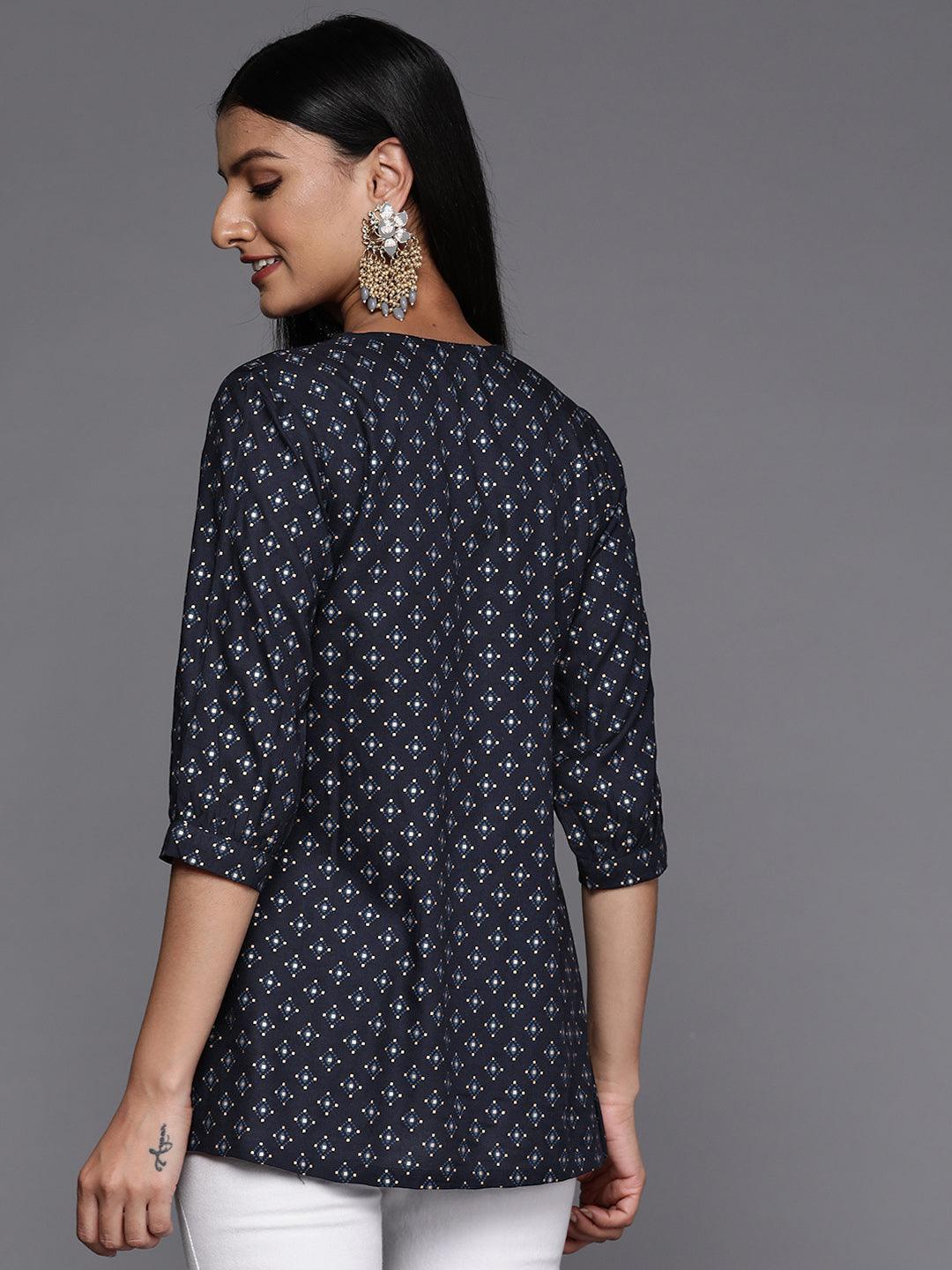 Blue Printed Rayon A-Line Kurti