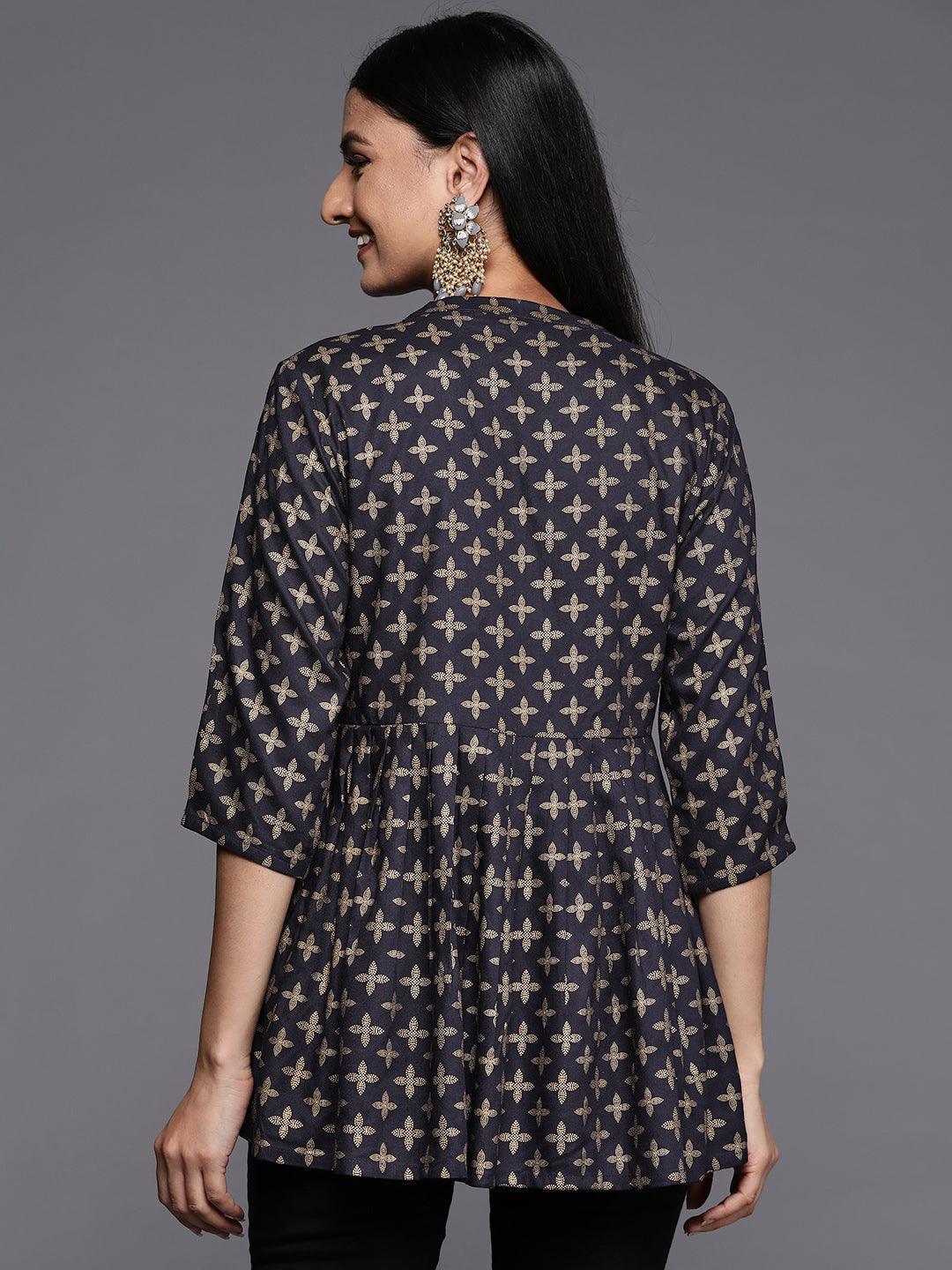 Blue Printed Rayon A-Line Kurti