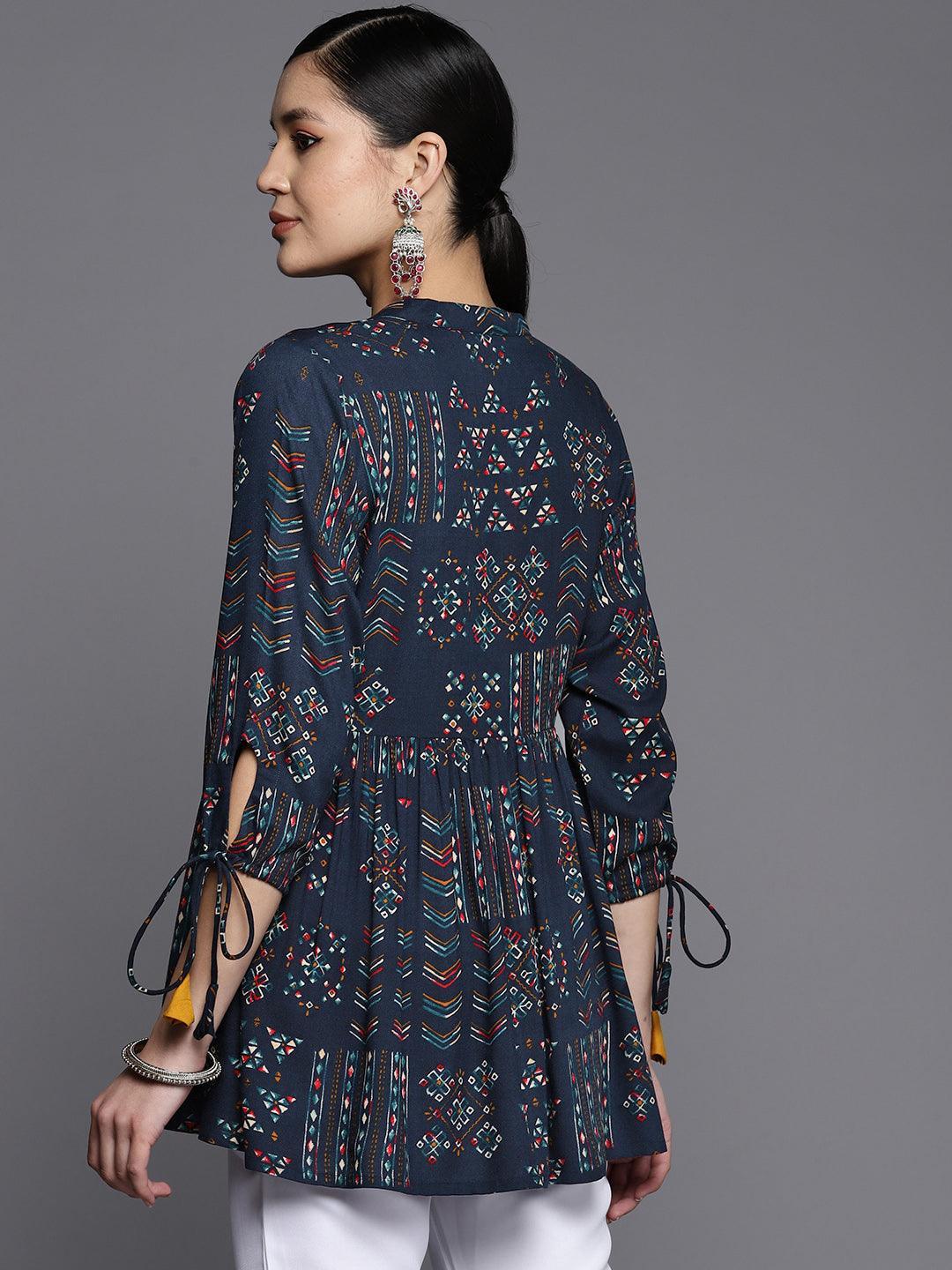 Blue Printed Rayon A-Line Kurti