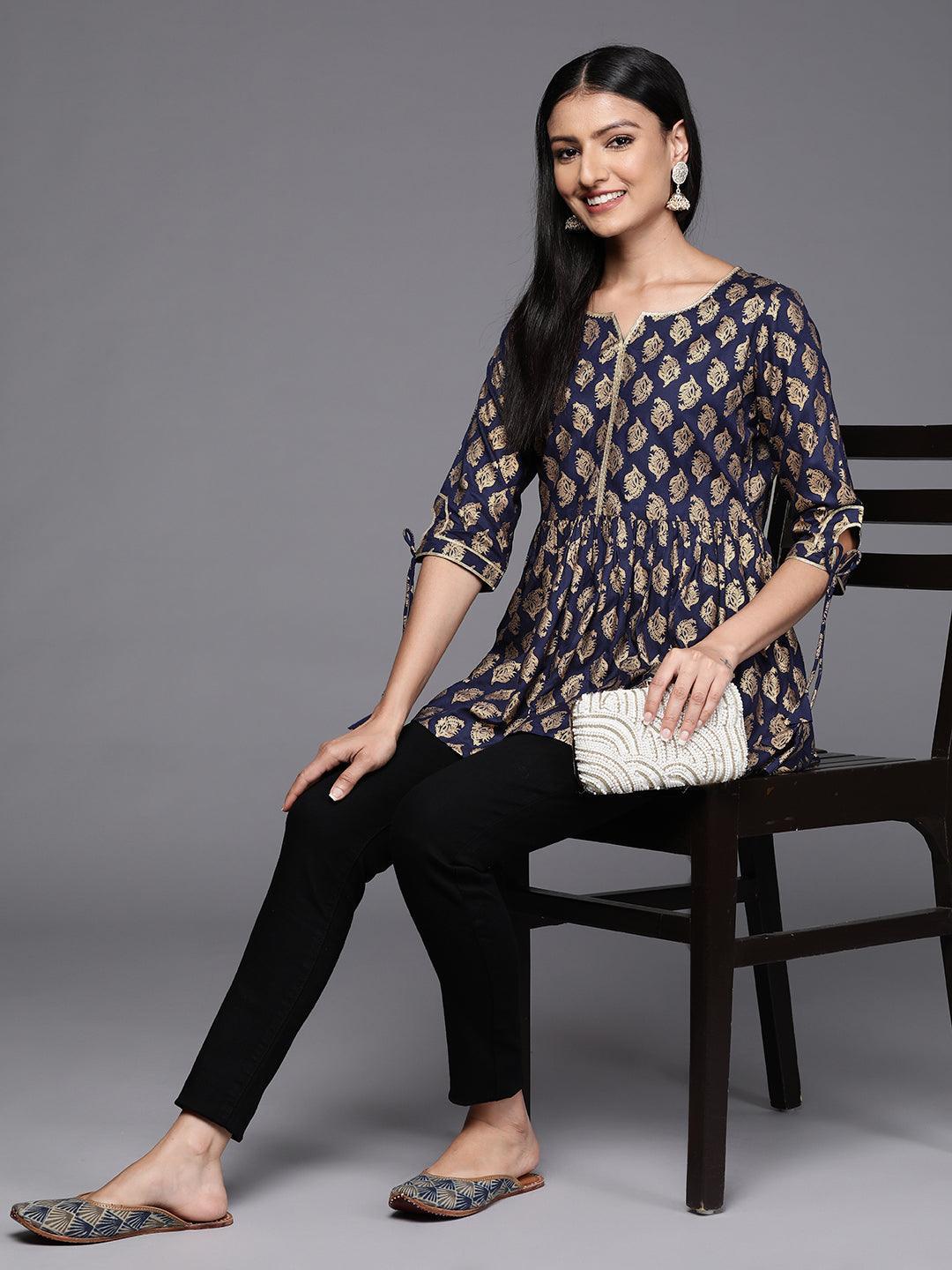 Blue Printed Rayon A-Line Kurti