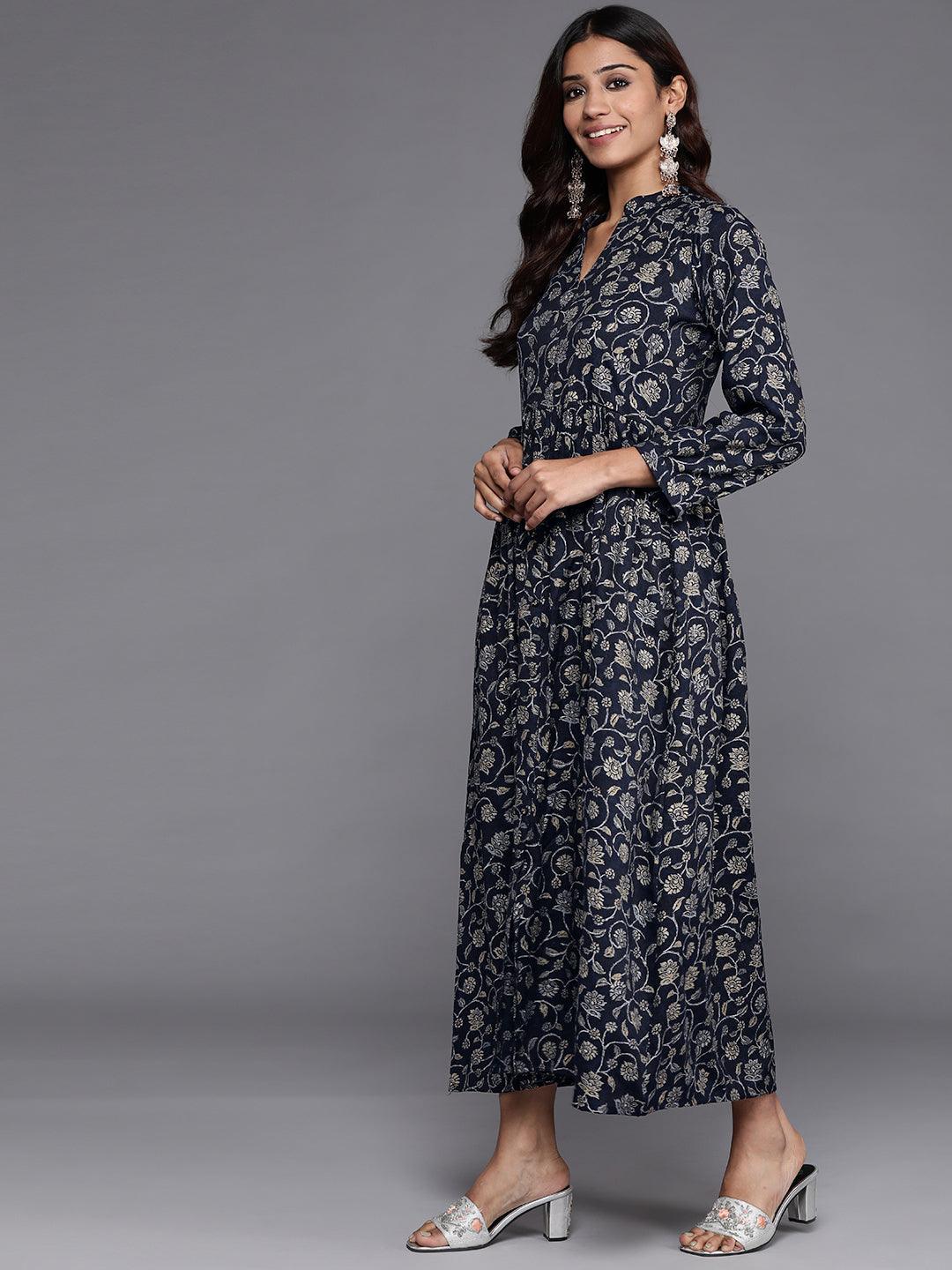 Blue Printed Rayon Fit and Flare Dress